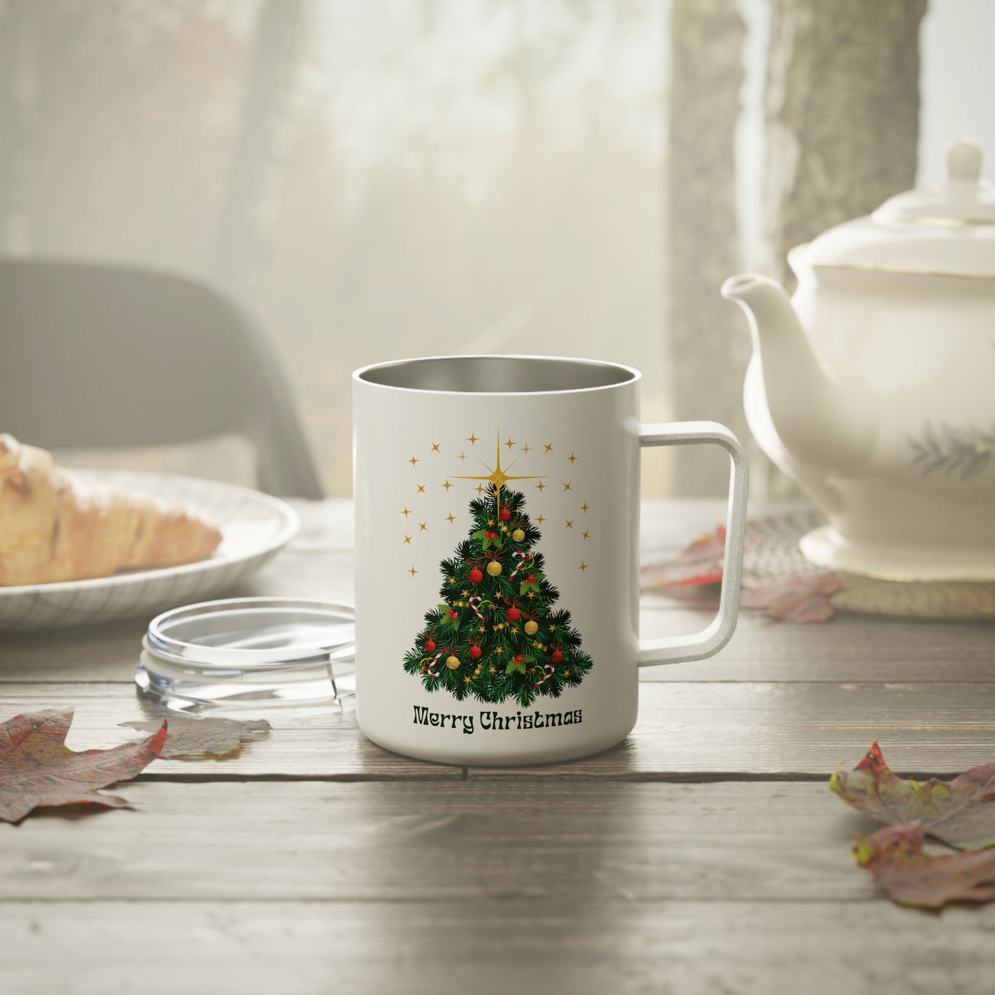 10oz Christmas Travel Mug, “Merry Christmas” Tree Design, Stainless Steel Insulated Cup