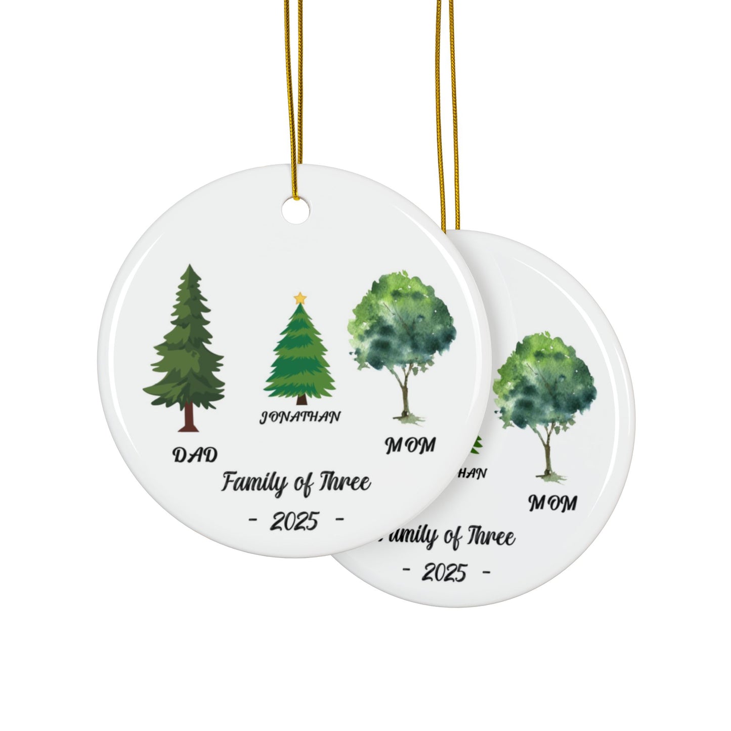 Family of Three Christmas Ceramic Ornament, Personalized Holiday Keepsake Gift, Festive Decoration, Glossy Finish