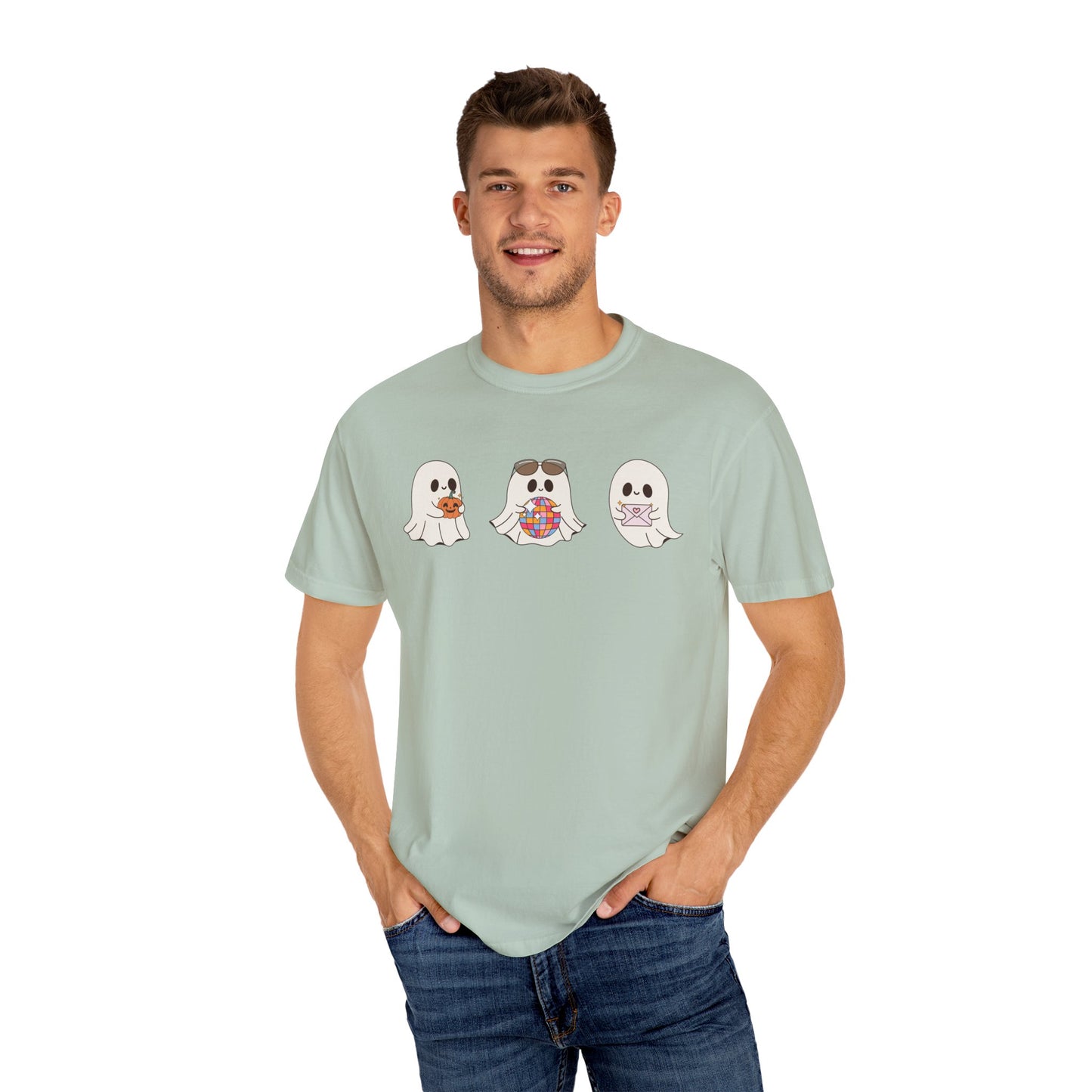 Three Cute Ghosts with Pumpkin, Trick or Treat Party Outfit – October Holiday Shirt