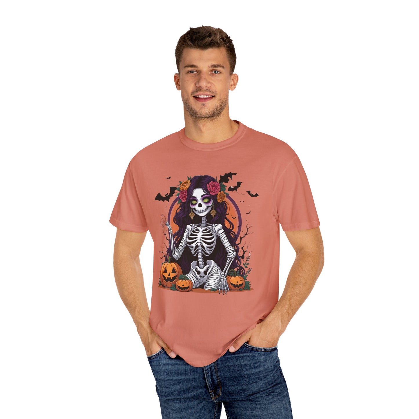 Sitting Skeleton Girl Tee – Gothic Halloween Shirt with Floral Crown
