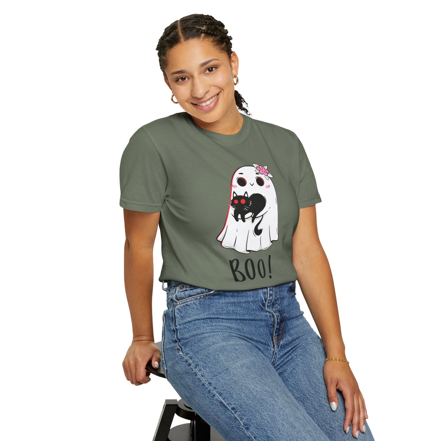 BOO Buddies Tee – Ghost & Cat Duo with Floral Charm