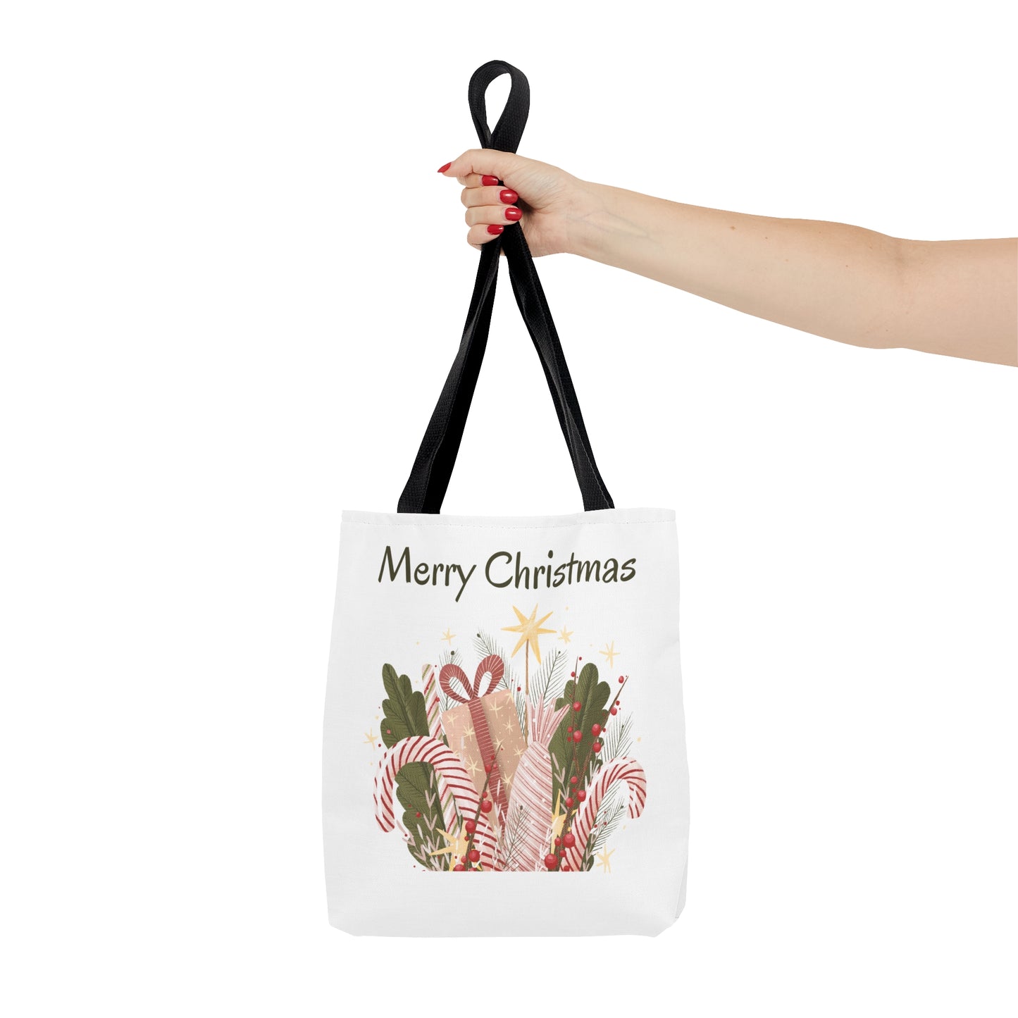 Christmas Tote Bag with “Merry Christmas” Gift Design – Durable All-Over Print Holiday Carryall in 3 Sizes