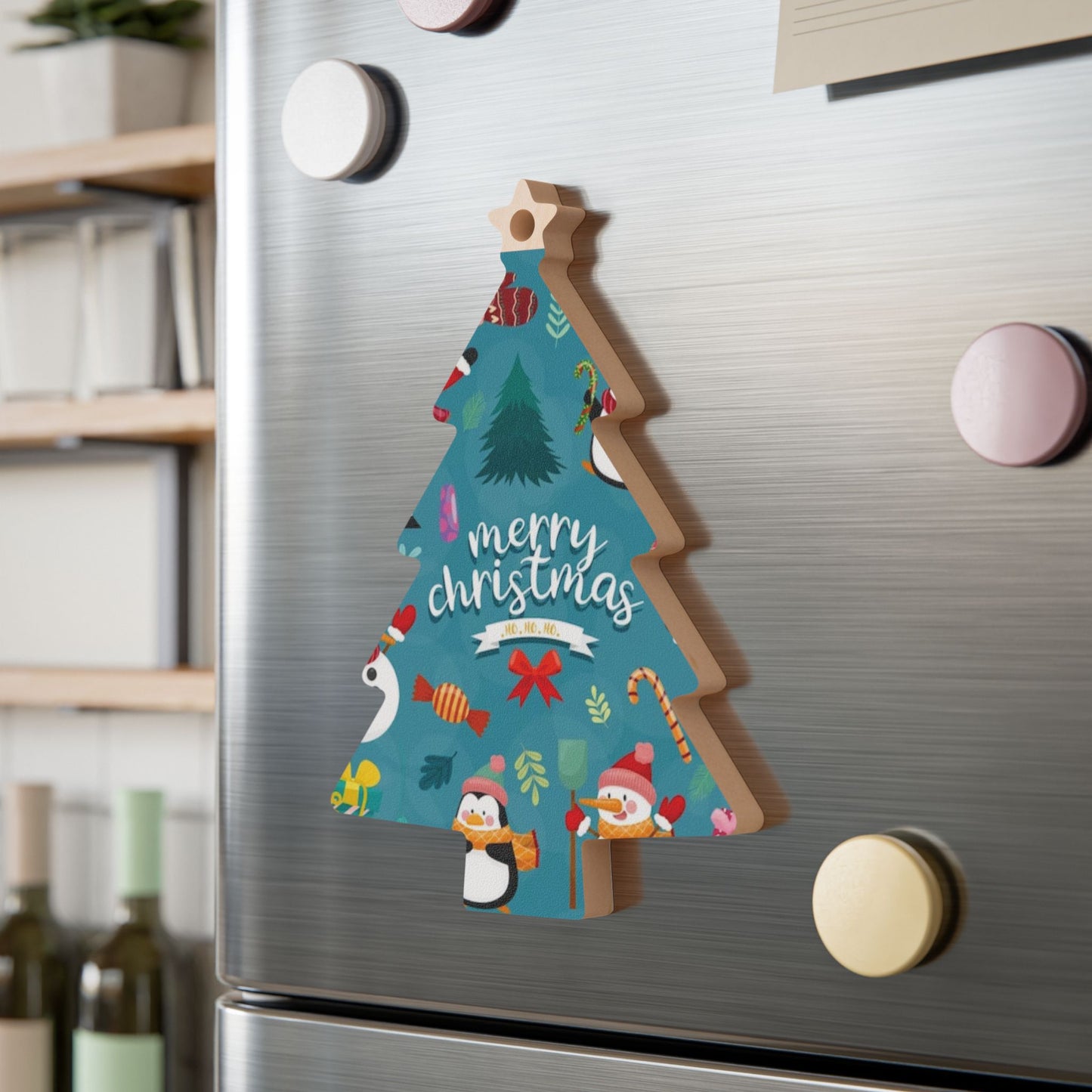 Wooden Ornament – Blue Christmas Stocking with Santa, Snowman & Penguin – Magnetic Holiday Decor with Ribbon