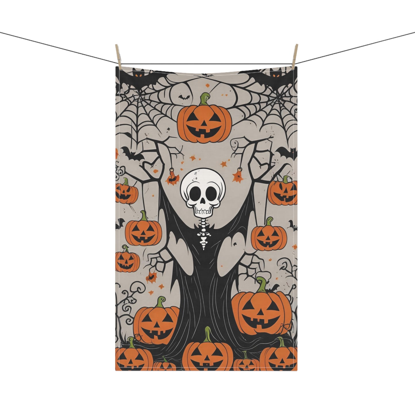 Smiling Skeleton Halloween Tea Towel – Jack-O’-Lantern and Cobweb Design