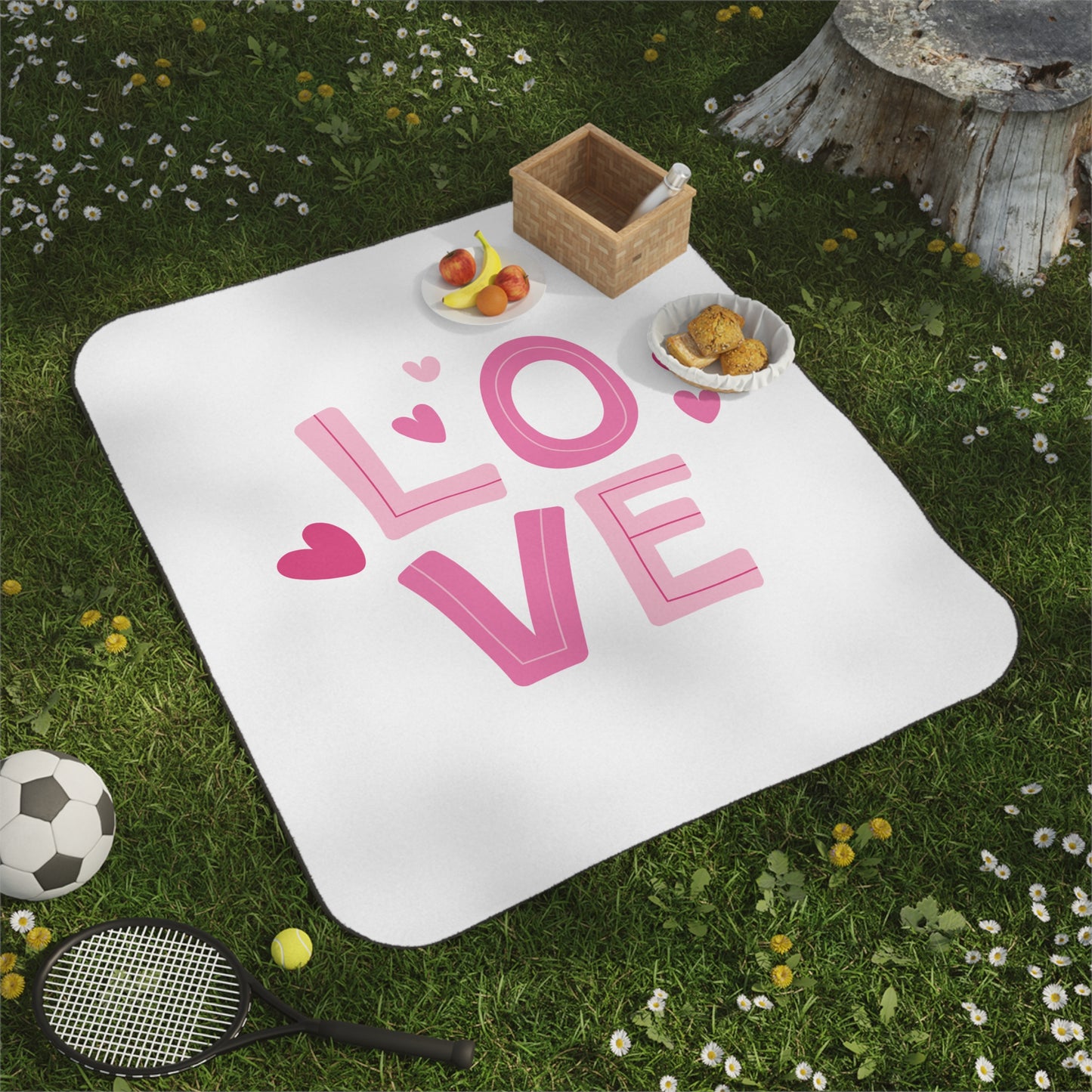 Love with Flying Heart Printed Picnic Valentine Blanket, Pink
