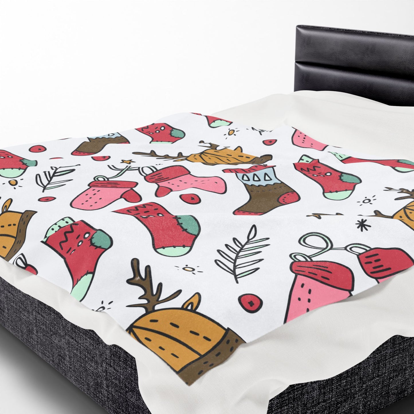 Holiday Print Velveteen Plush Blanket – Reindeer, Mittens & Stockings Design