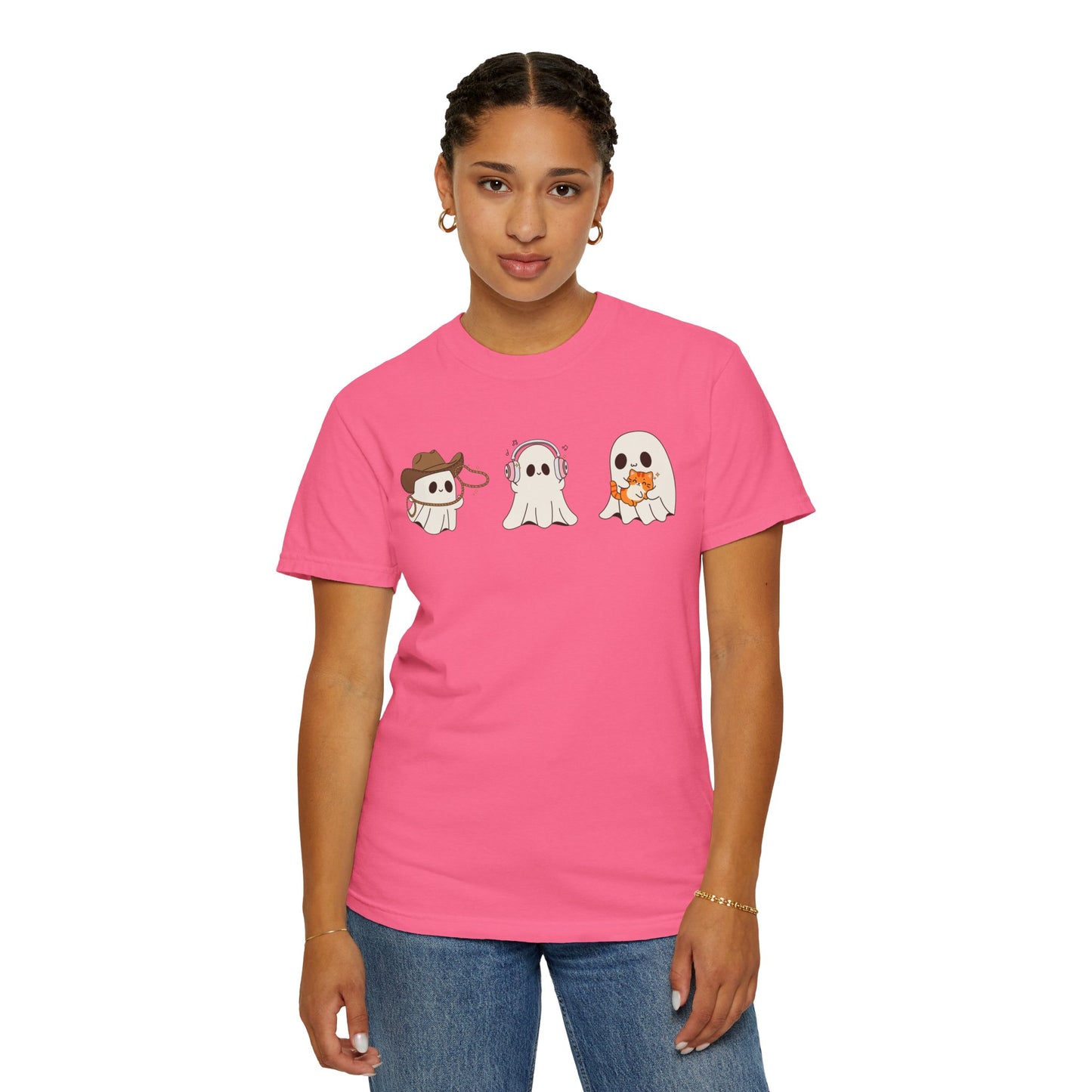 Halloween Ghost Trio T-Shirt – Purple Unisex Tee for Spooky Season & Costume Parties