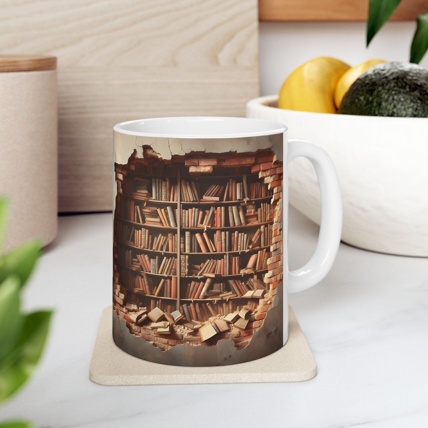 3D Bookshelf Illusion Mug – Unique Library Wall Break Design