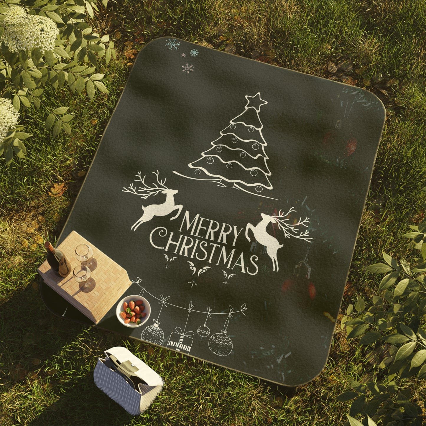 Merry Christmas in Black Printed Picnic Blanket