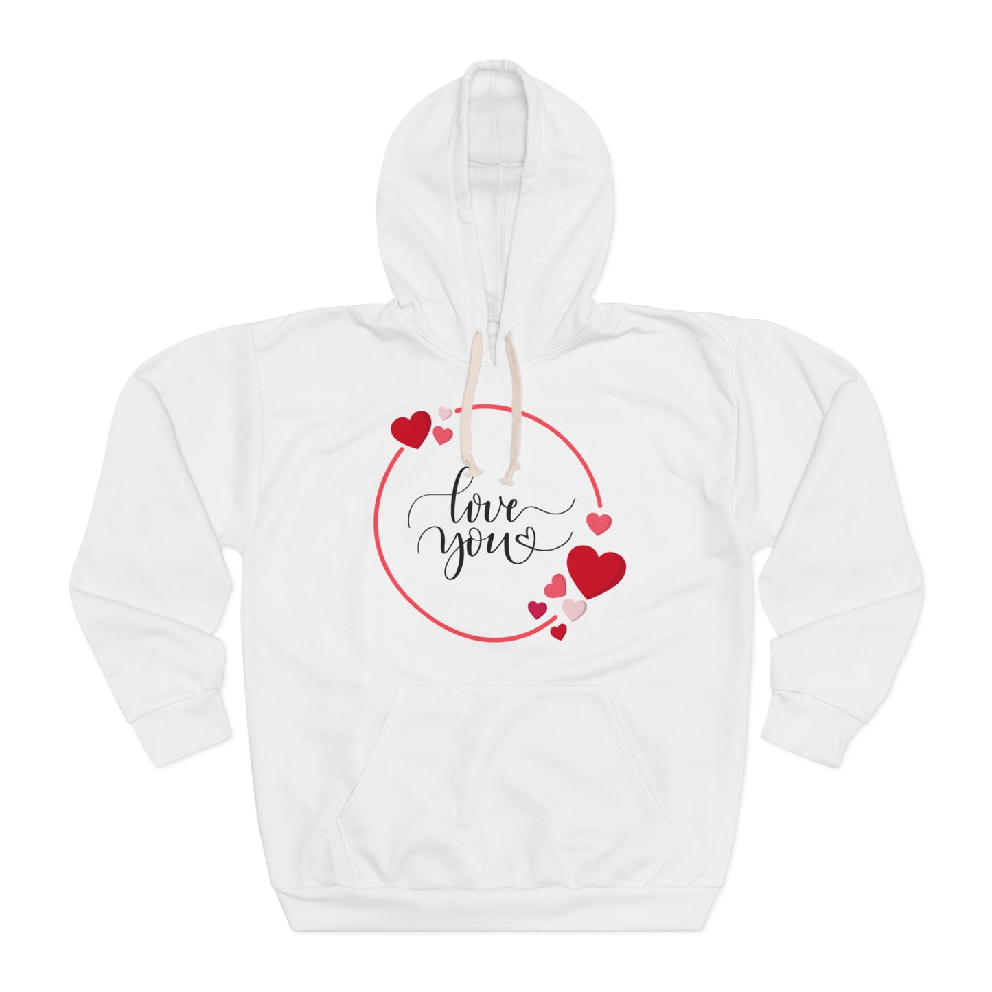 Love You with Hearts Printed Unisex Pullover Hoodie, Red & White