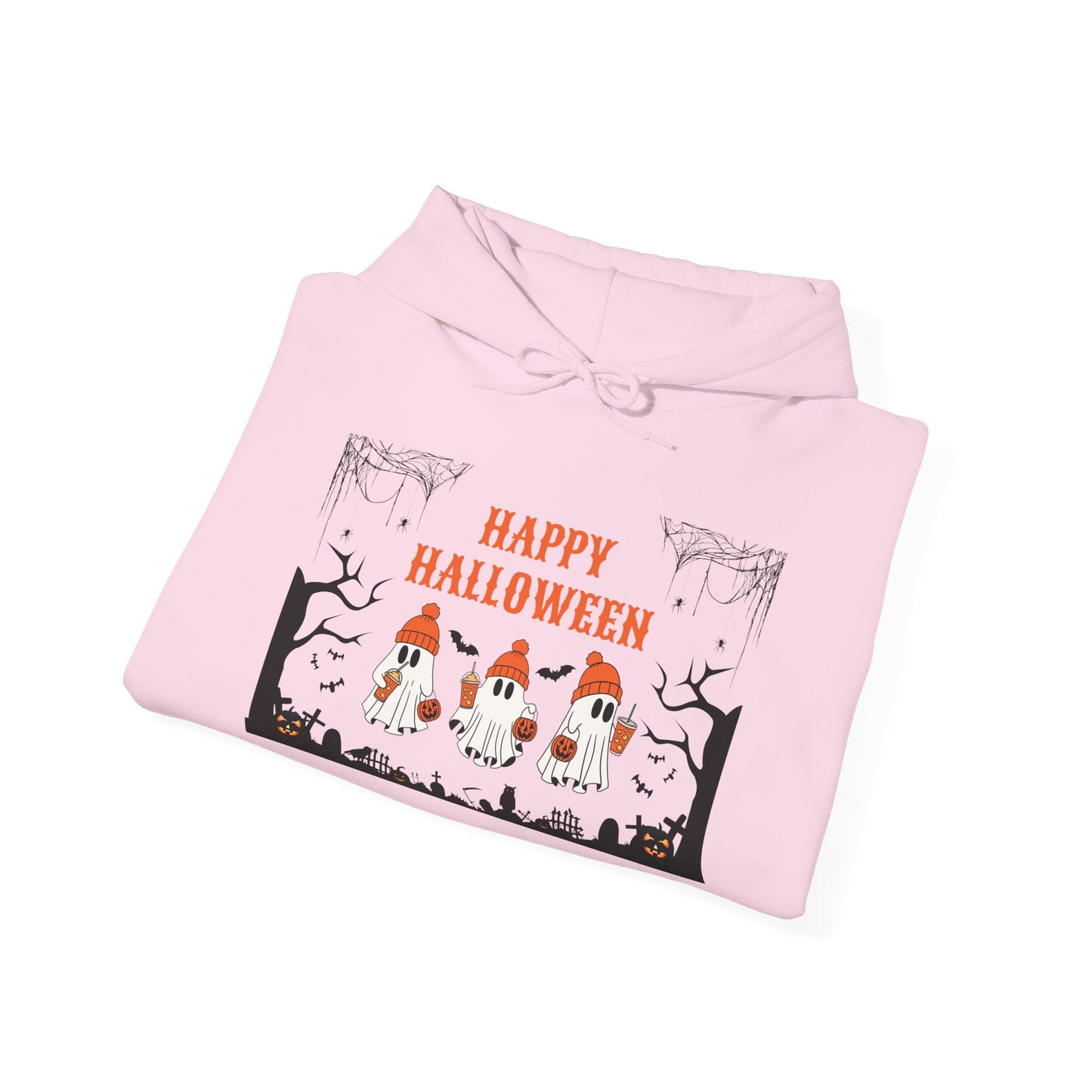 Happy Halloween” Ghost Hoodie – Pumpkin Parade in Haunted Forest