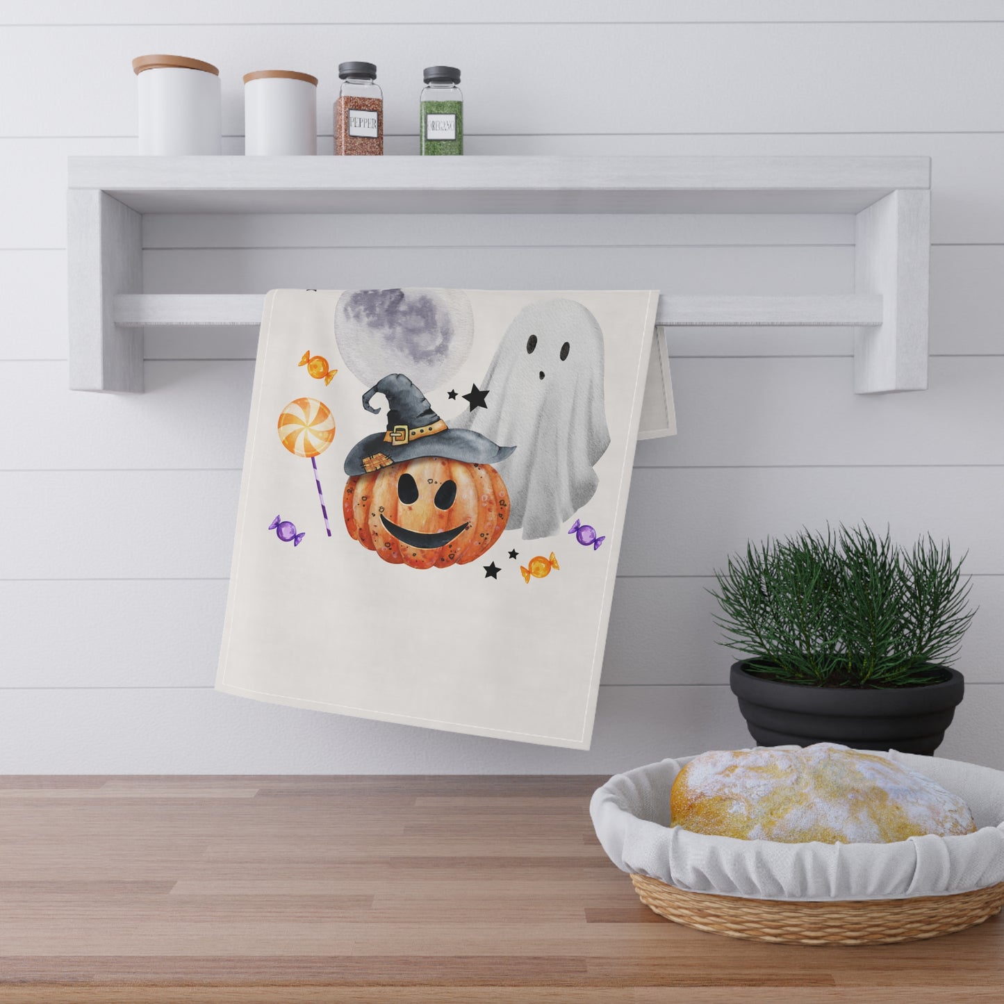 Smiling Pumpkin Halloween Tea Towel – Witch Hat, Ghost, and Candy Design