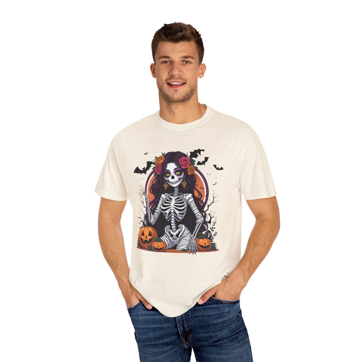 Sitting Skeleton Girl Tee – Gothic Halloween Shirt with Floral Crown