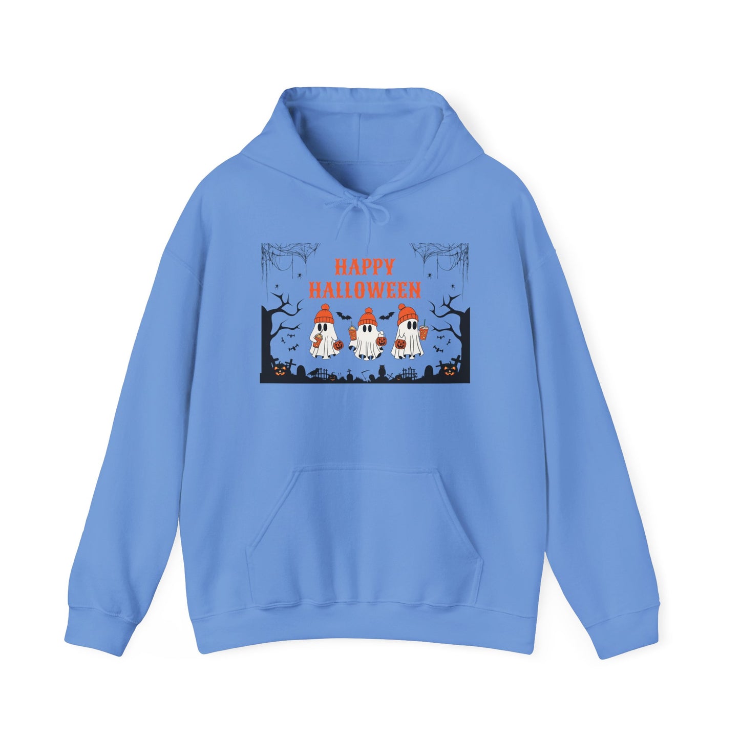 Happy Halloween” Ghost Hoodie – Pumpkin Parade in Haunted Forest