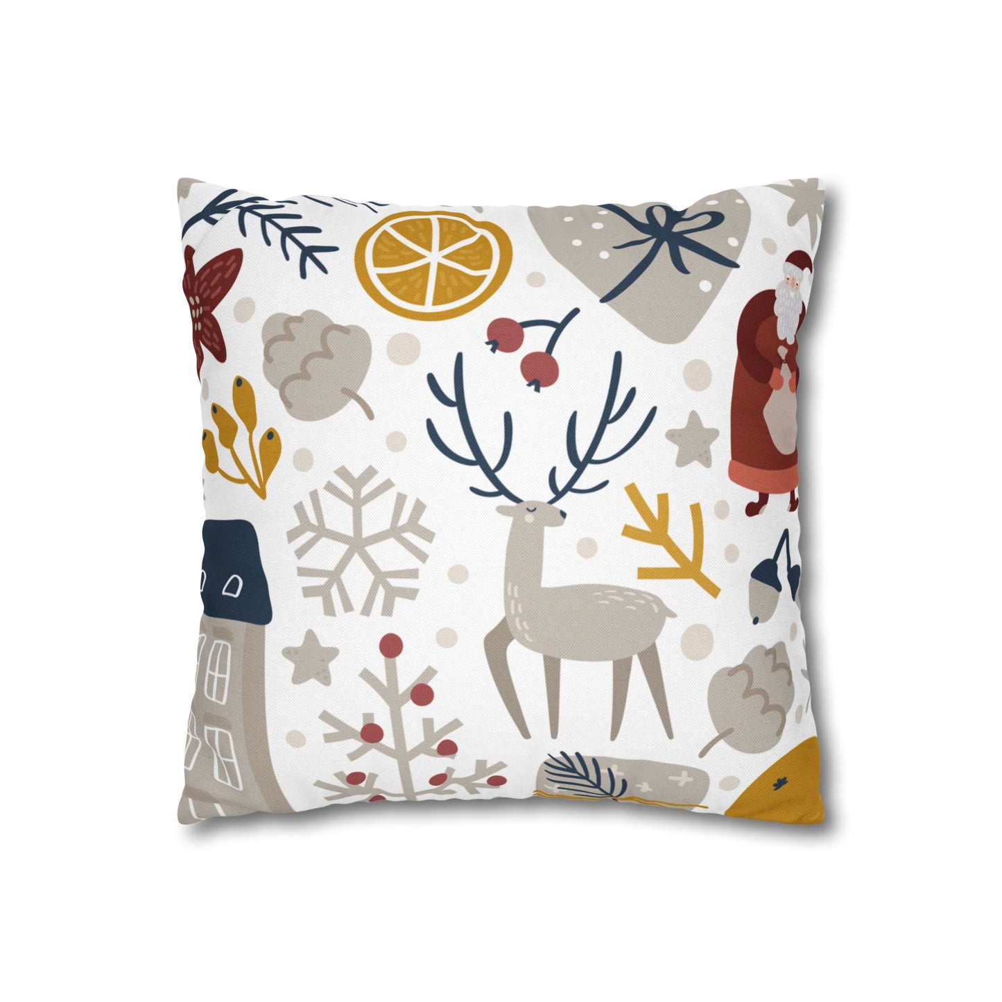 Vintage Christmas Reindeer Pillow Cover with Santa and Holiday Motifs