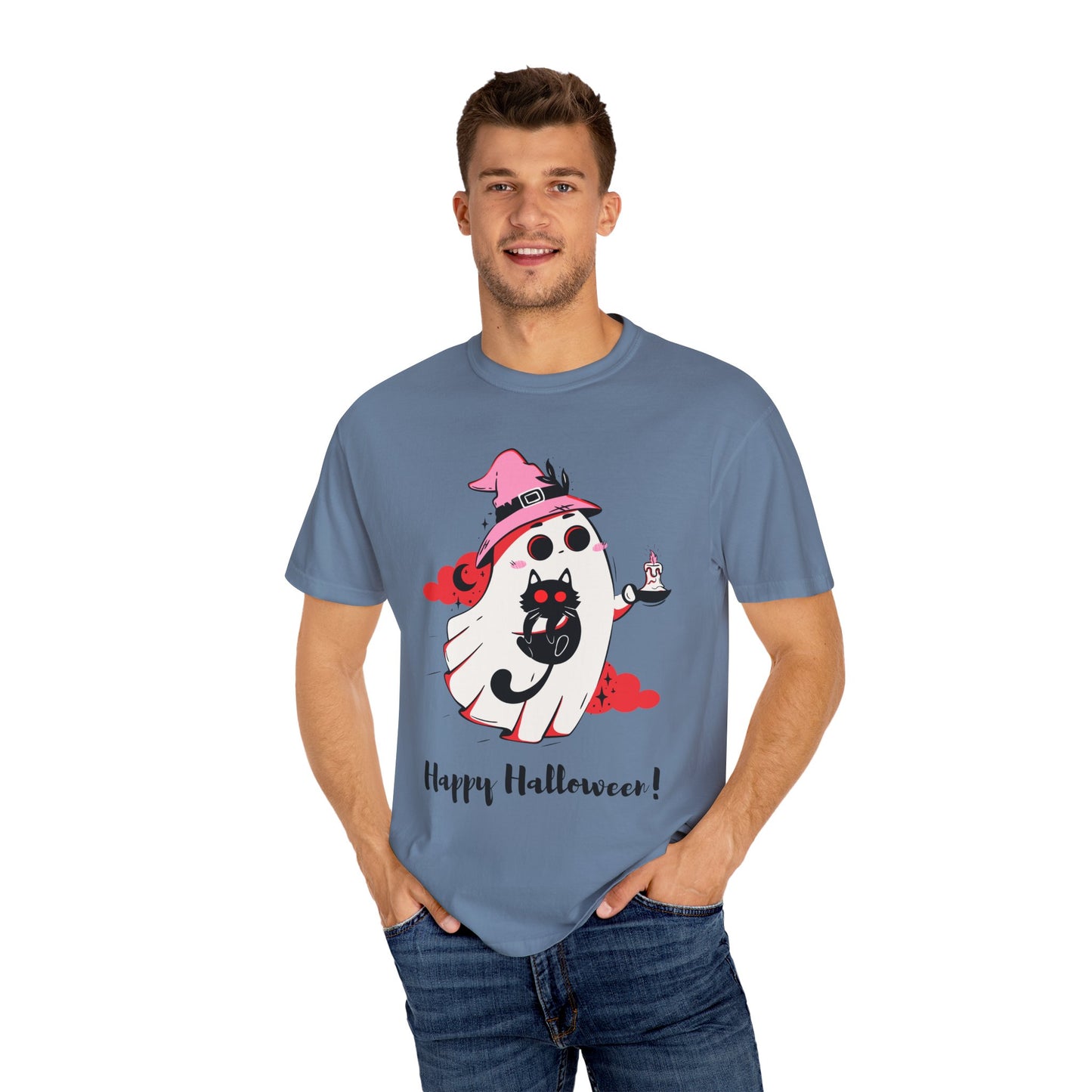 Ghostly Glam T-Shirt - Witchy Whimsy with Cat Companion