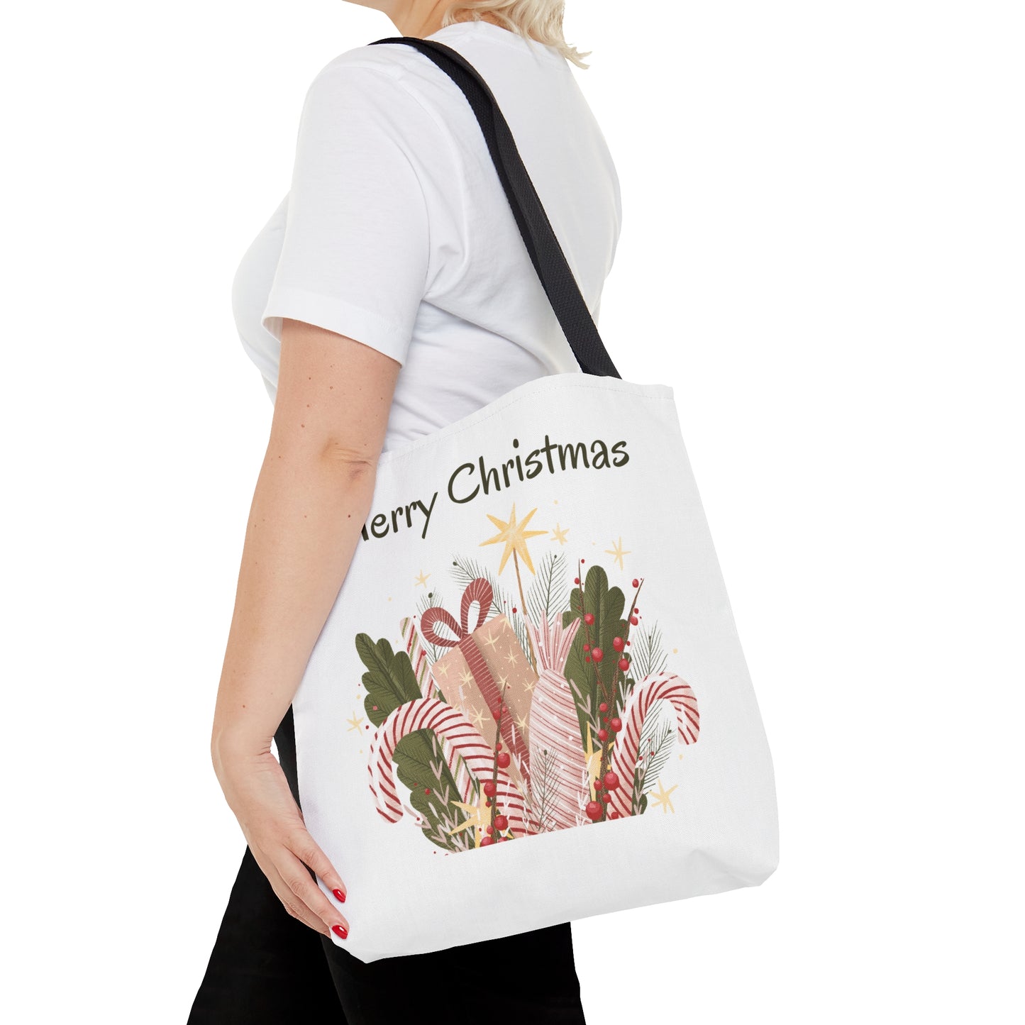 Christmas Tote Bag with “Merry Christmas” Gift Design – Durable All-Over Print Holiday Carryall in 3 Sizes