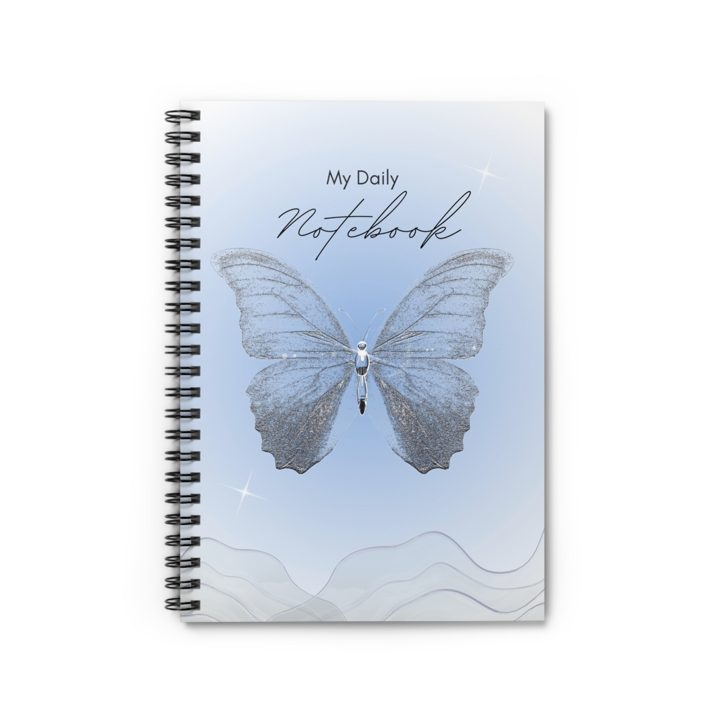 Elegant Blue Butterfly Spiral Notebook, Aesthetic Journal for Women & Teens, Glitter Design, Ruled Line, Inspirational Stationery Gift