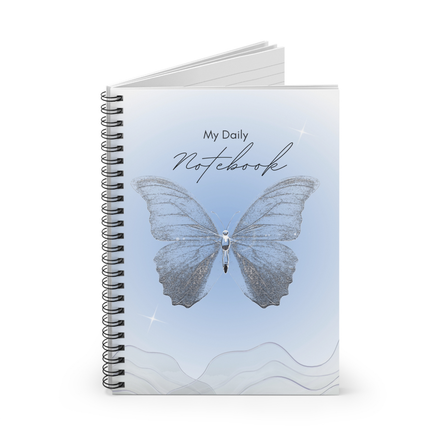 Elegant Blue Butterfly Spiral Notebook, Aesthetic Journal for Women & Teens, Glitter Design, Ruled Line, Inspirational Stationery Gift