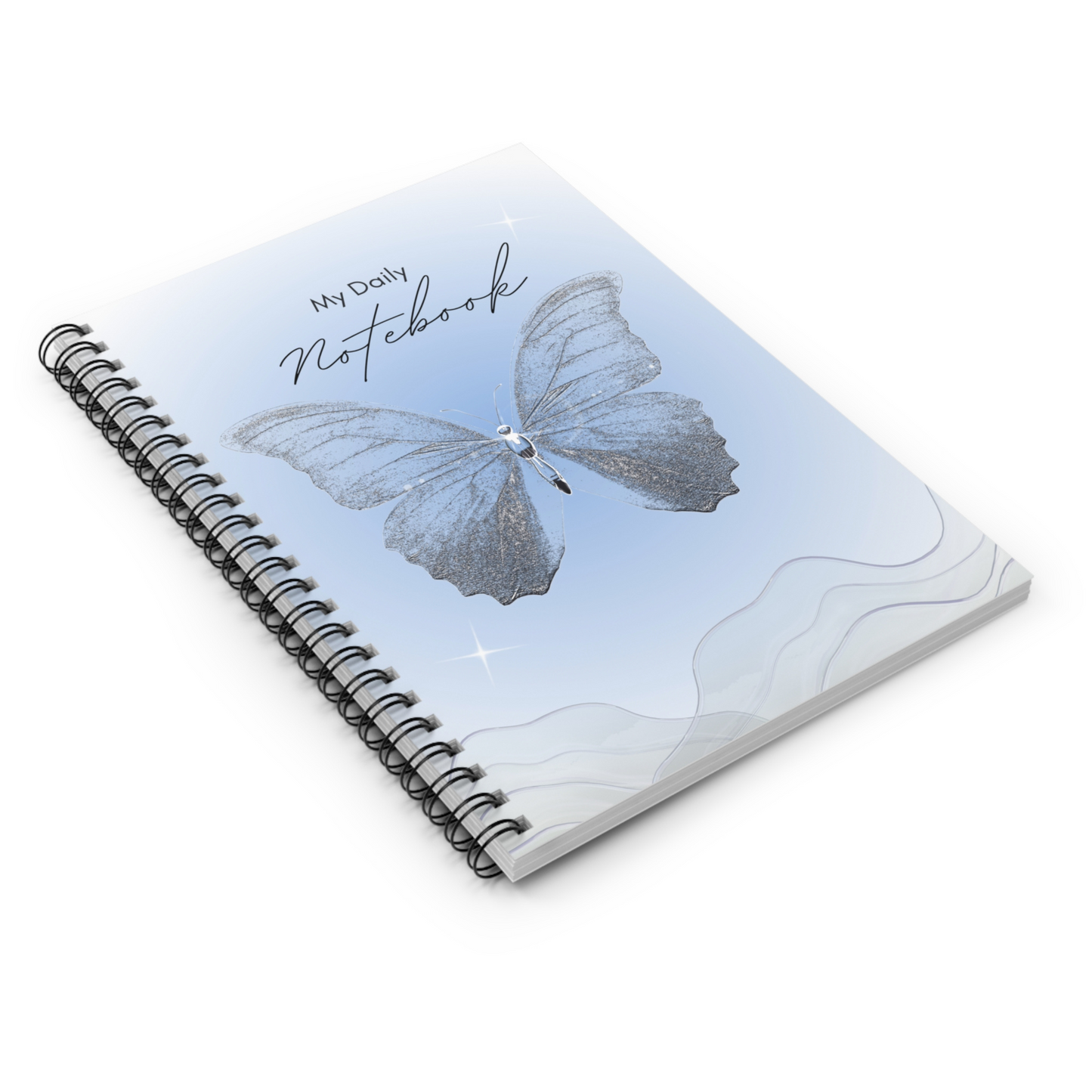 Elegant Blue Butterfly Spiral Notebook, Aesthetic Journal for Women & Teens, Glitter Design, Ruled Line, Inspirational Stationery Gift