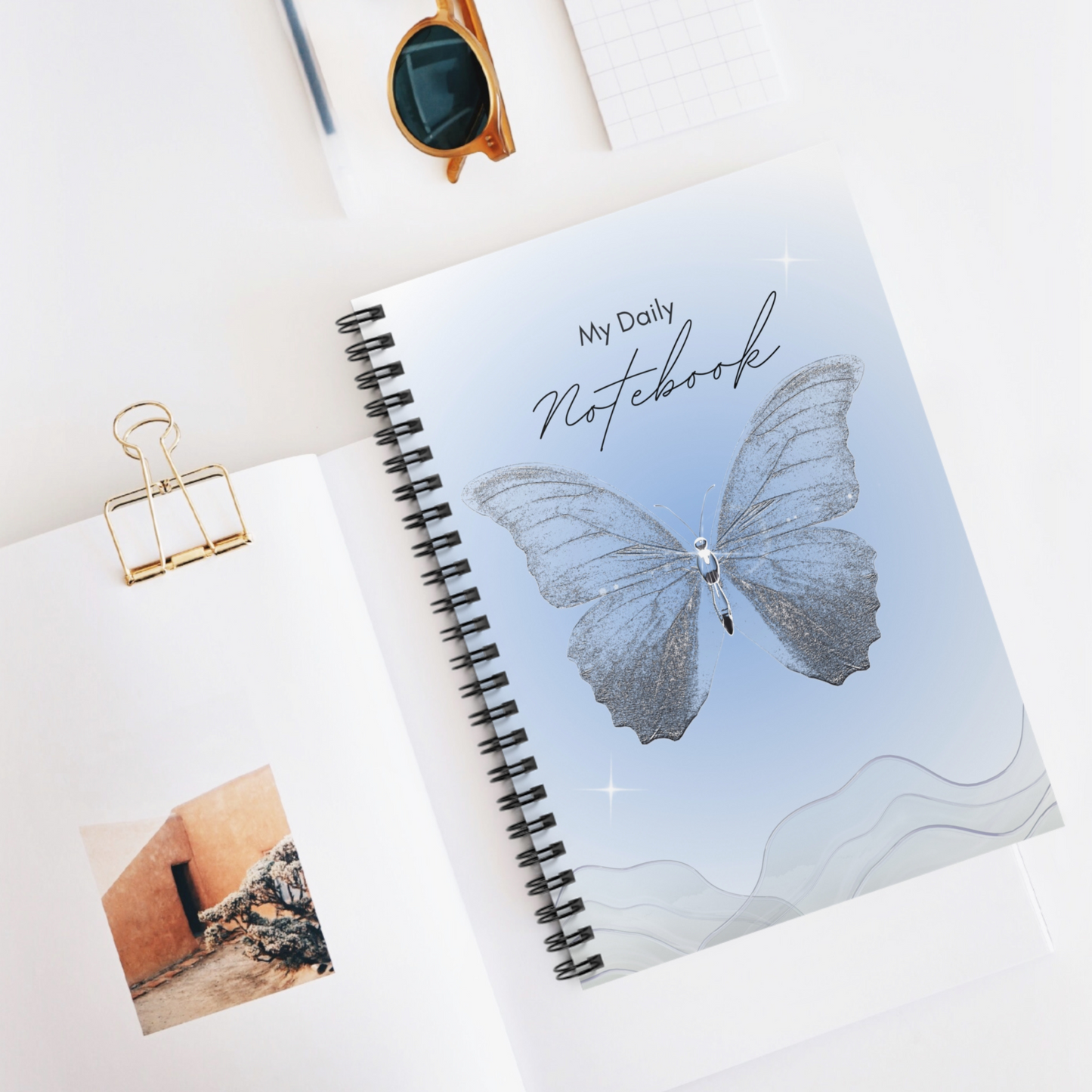 Elegant Blue Butterfly Spiral Notebook, Aesthetic Journal for Women & Teens, Glitter Design, Ruled Line, Inspirational Stationery Gift