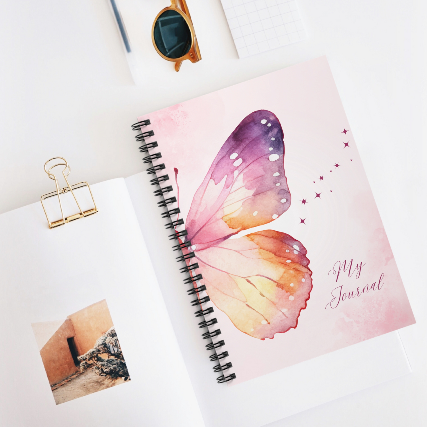 Elegant Blue Butterfly Spiral Notebook, Aesthetic Journal for Women & Teens, Glitter Design, Ruled Line, Inspirational Stationery Gift