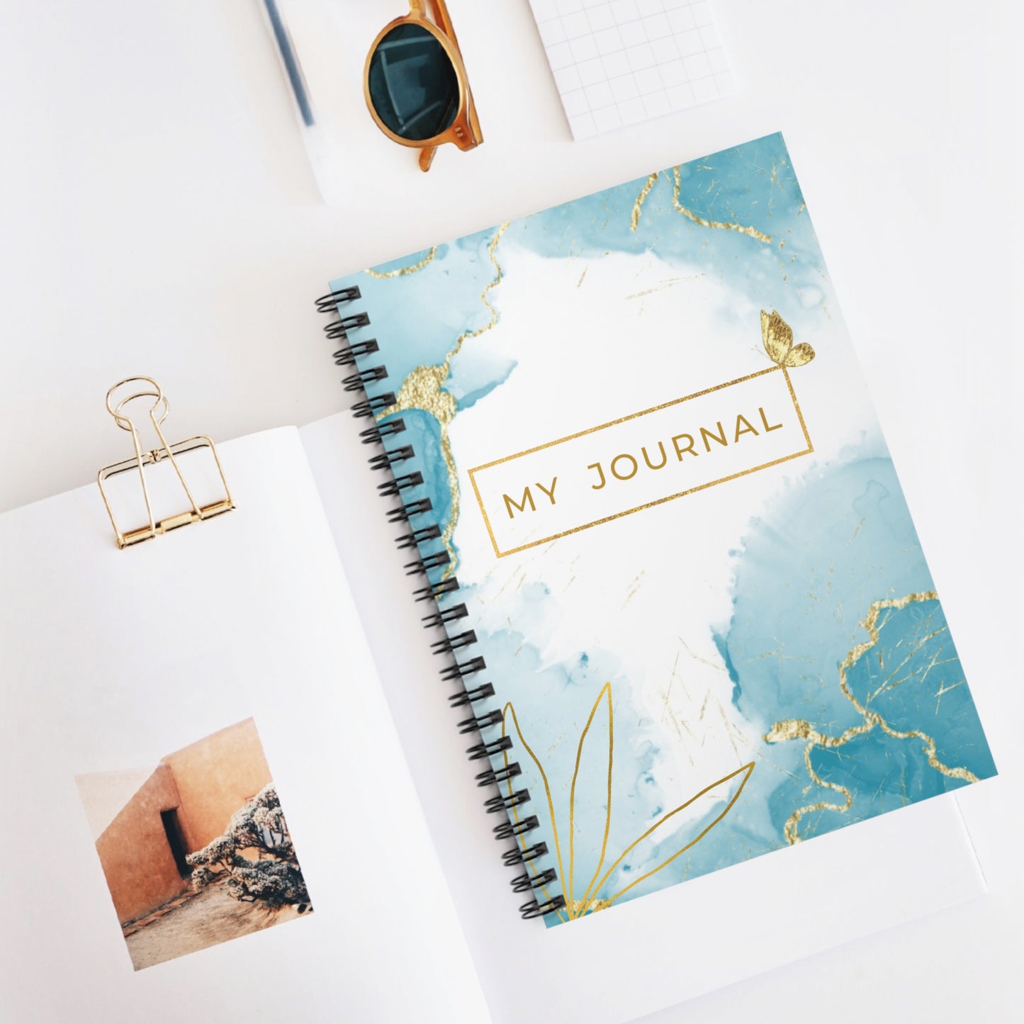 Elegant Blue Butterfly Spiral Notebook, Aesthetic Journal for Women & Teens, Glitter Design, Ruled Line, Inspirational Stationery Gift