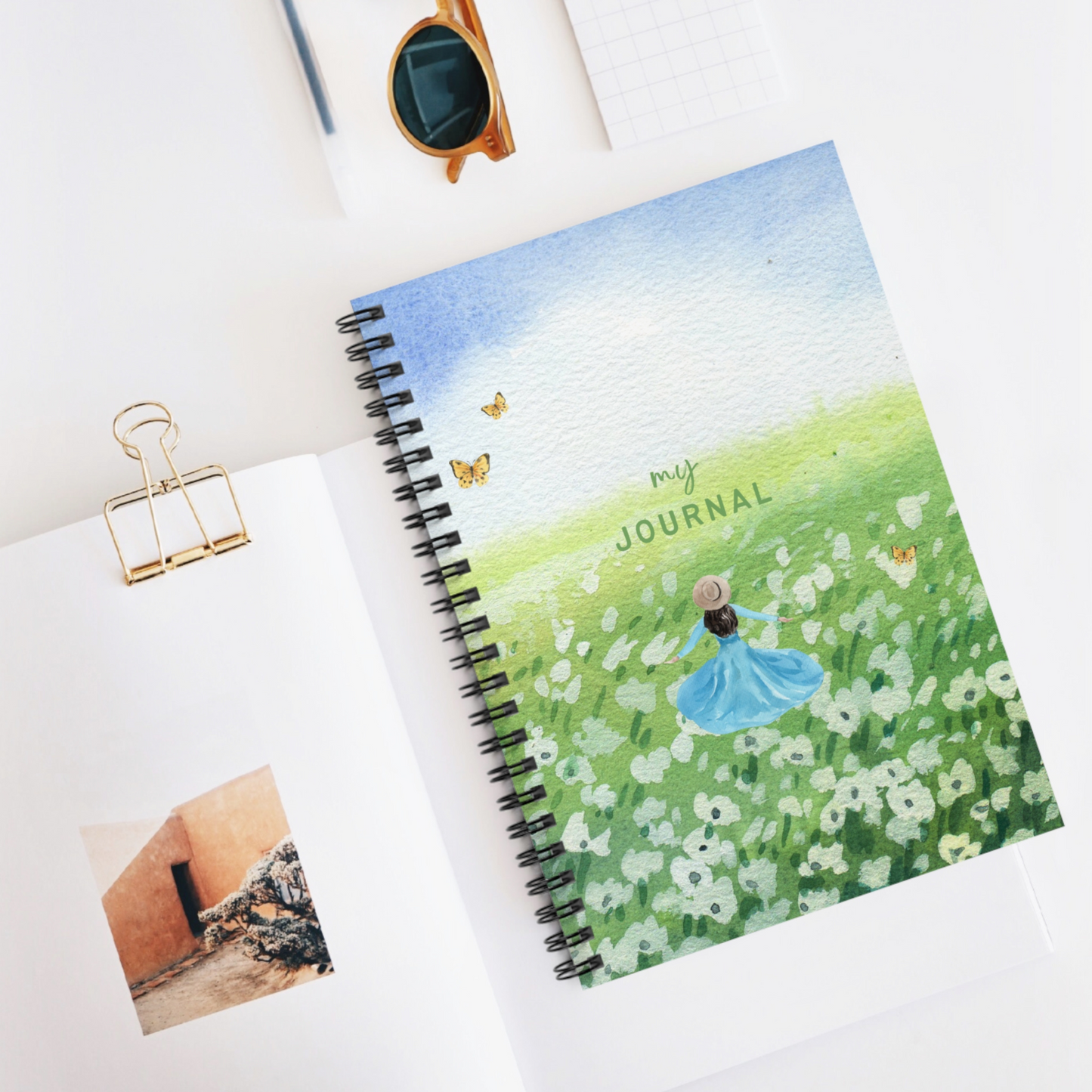 Elegant Blue Butterfly Spiral Notebook, Aesthetic Journal for Women & Teens, Glitter Design, Ruled Line, Inspirational Stationery Gift