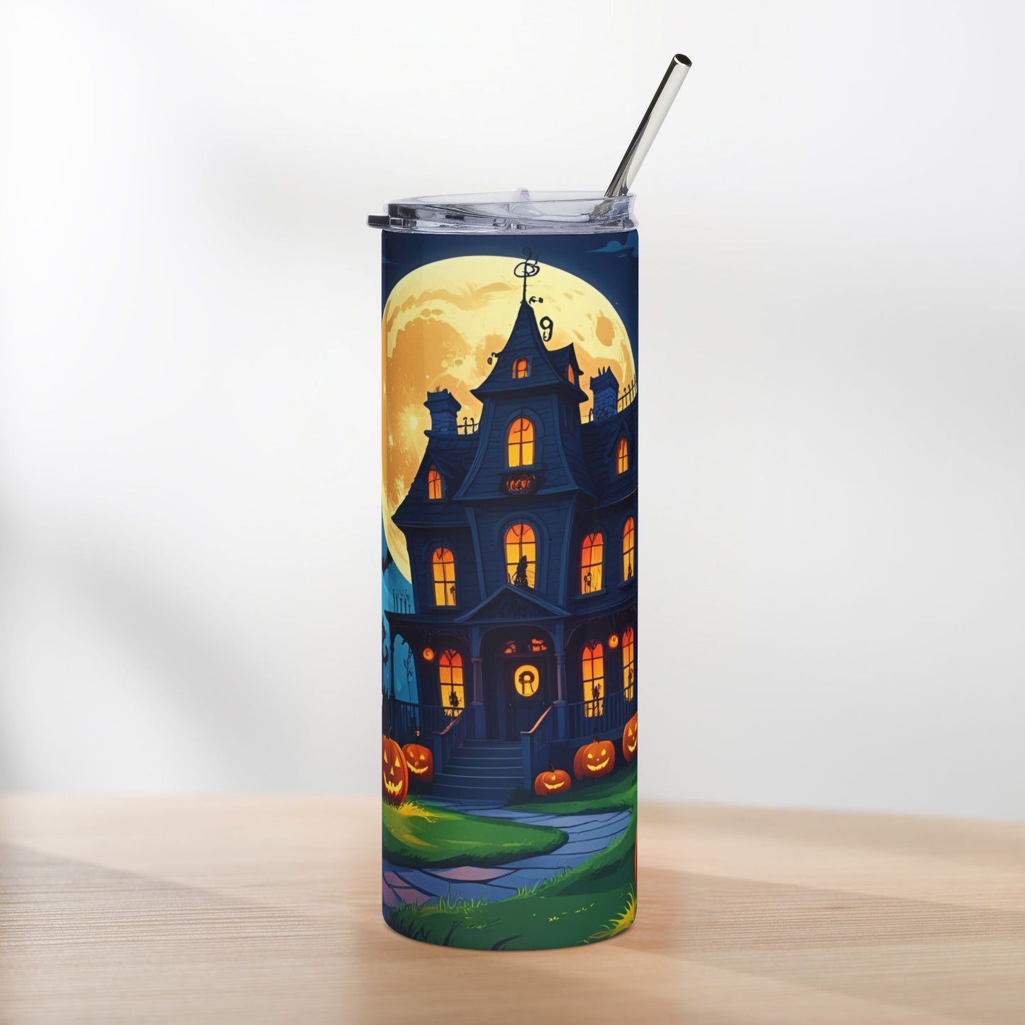 Haunted House Halloween Tumbler with Straw – Spooky Night Design