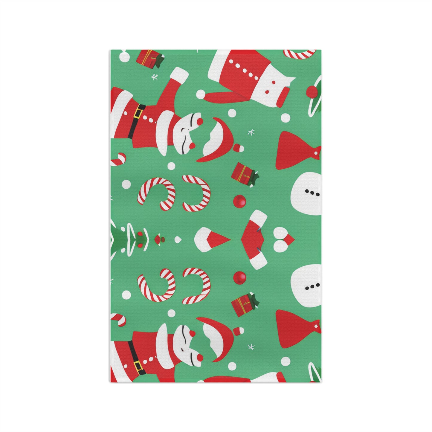 Tea Towel – Green Christmas Design with Santa, Candy Canes & Snowflakes – Festive Kitchen Decor & Gift