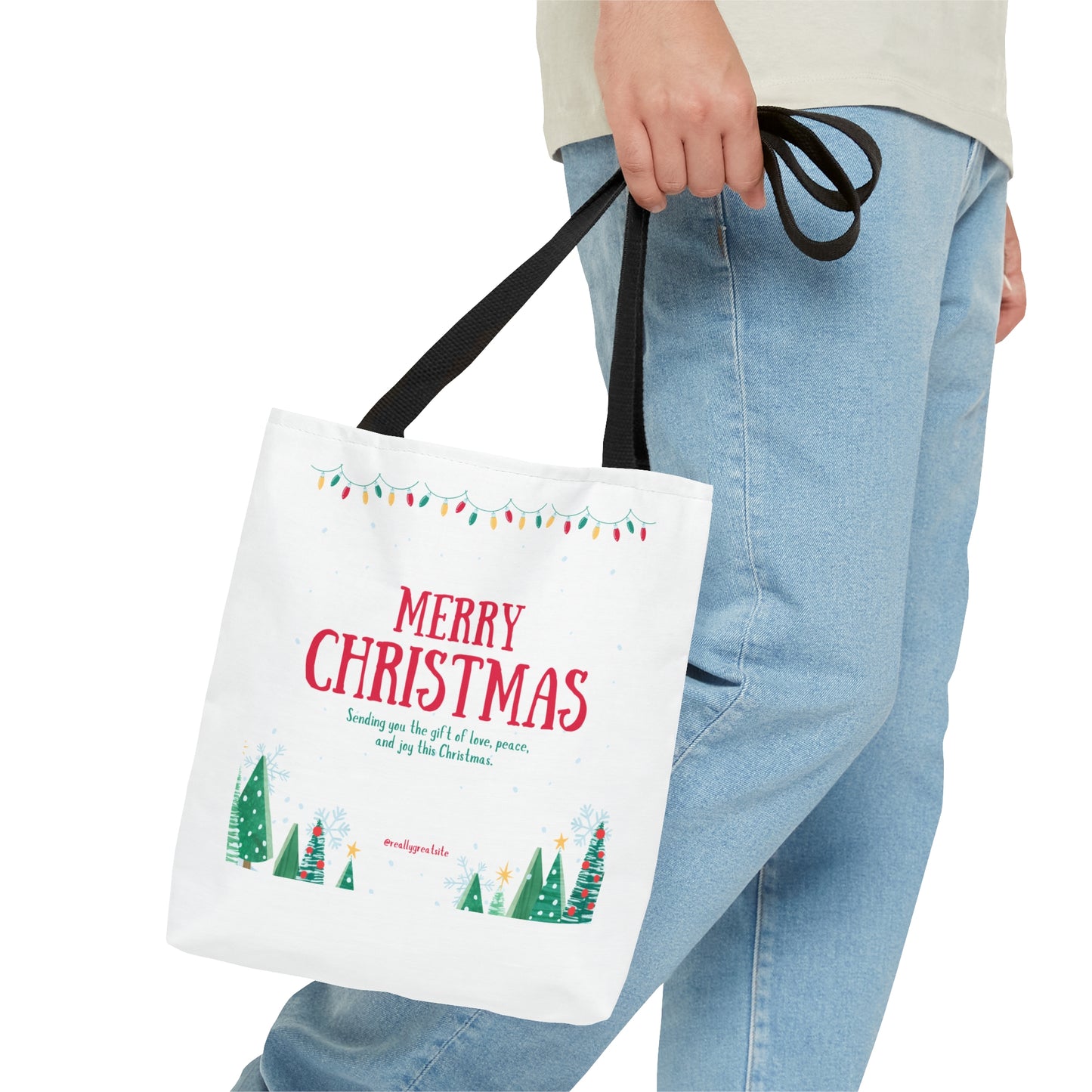 Tote Bag – “MERRY CHRISTMAS” with Lights, Tree Row & Holiday Message – Gift for Festive Errands & Seasonal Cheer