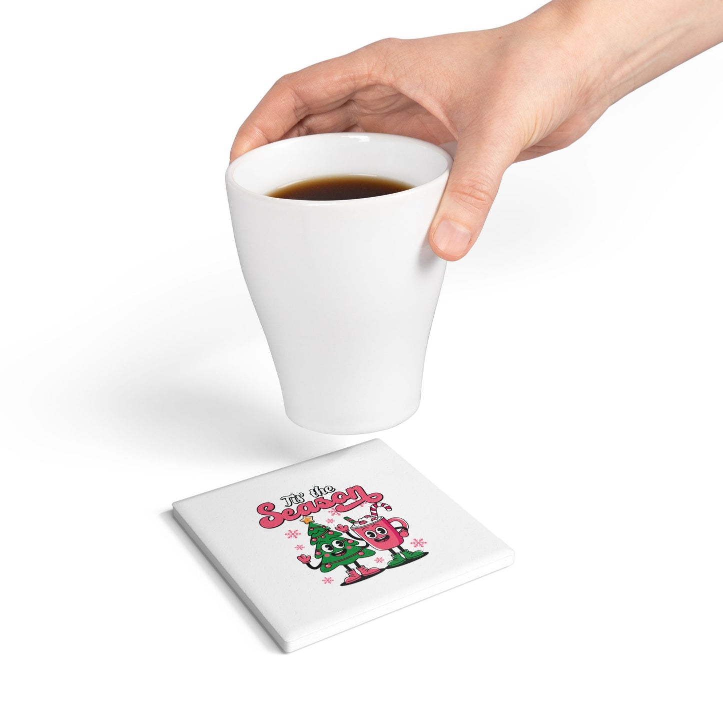 Festive Christmas Coaster with Cartoon Tree and Holiday Cup