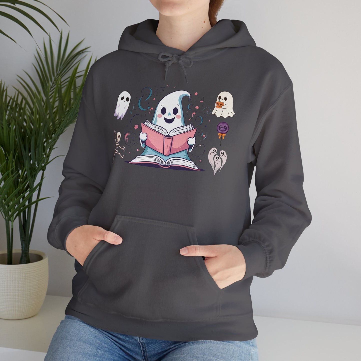 Cute Ghost Reading Hoodie – Whimsical Halloween Sweatshirt for Book Lovers