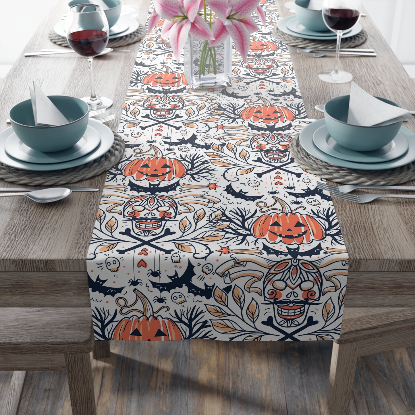 Halloween Table Runner – Pumpkin & Skull Gothic Fall Decor