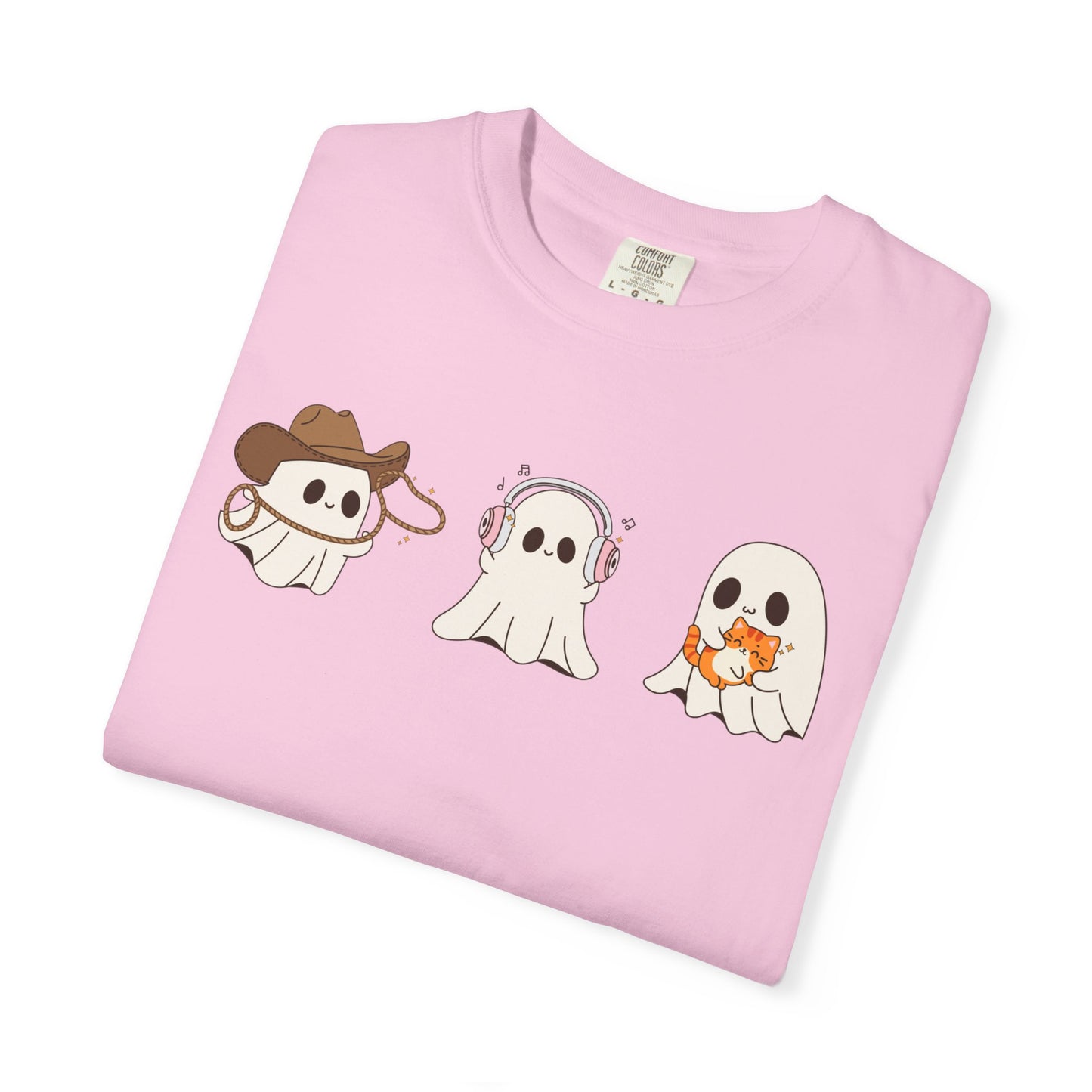 Halloween Ghost Trio T-Shirt – Purple Unisex Tee for Spooky Season & Costume Parties