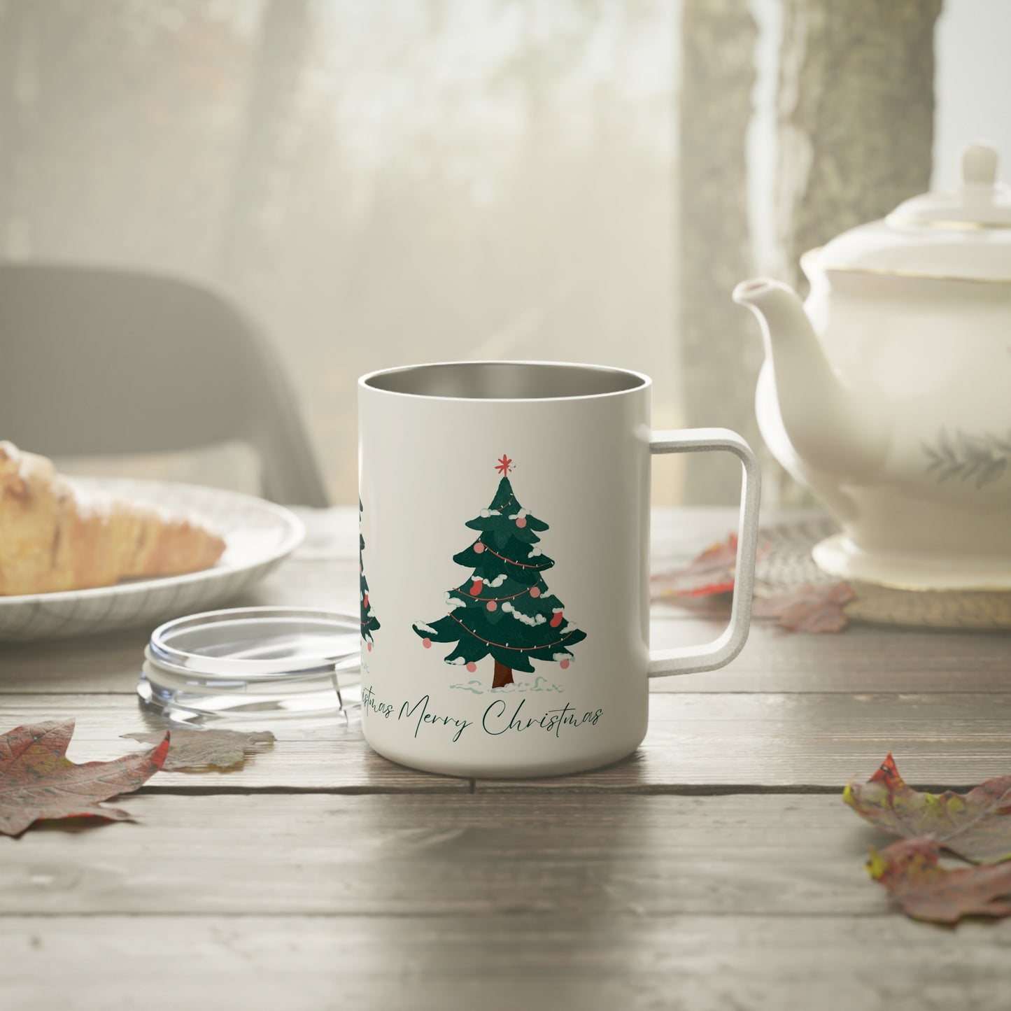 10oz Insulated Travel Mug – Christmas Tree Design with “Merry Christmas” – Holiday Gift for Adventurers & Coffee Lovers