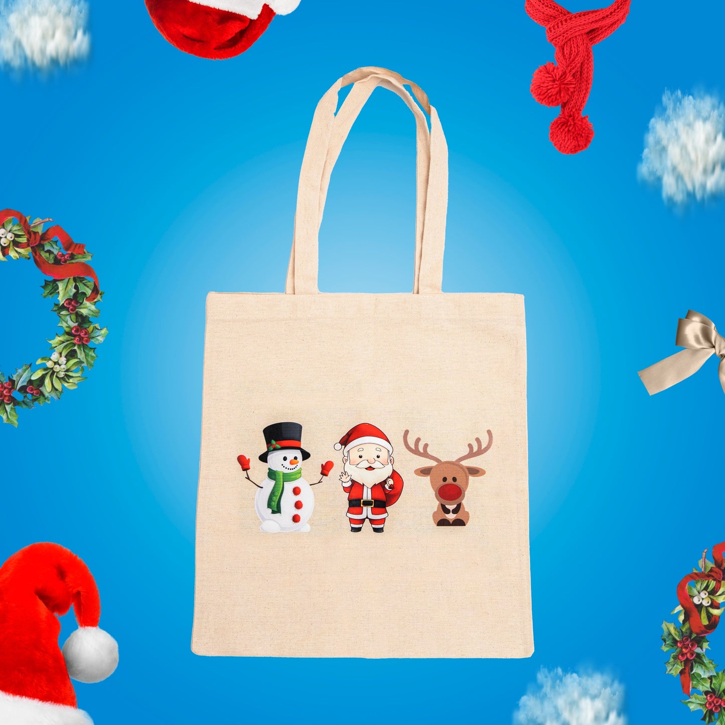 Pack Of 2 Reusable Canvas Christmas Tote Bags With Long Handle