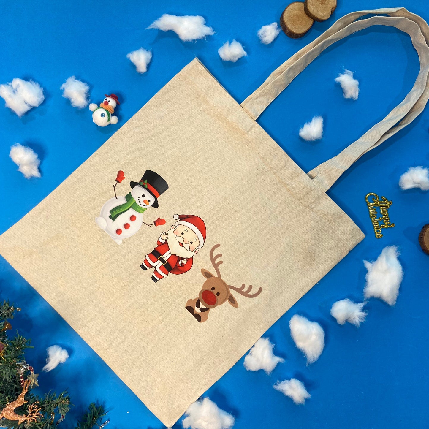 Pack Of 2 Reusable Canvas Christmas Tote Bags With Long Handle