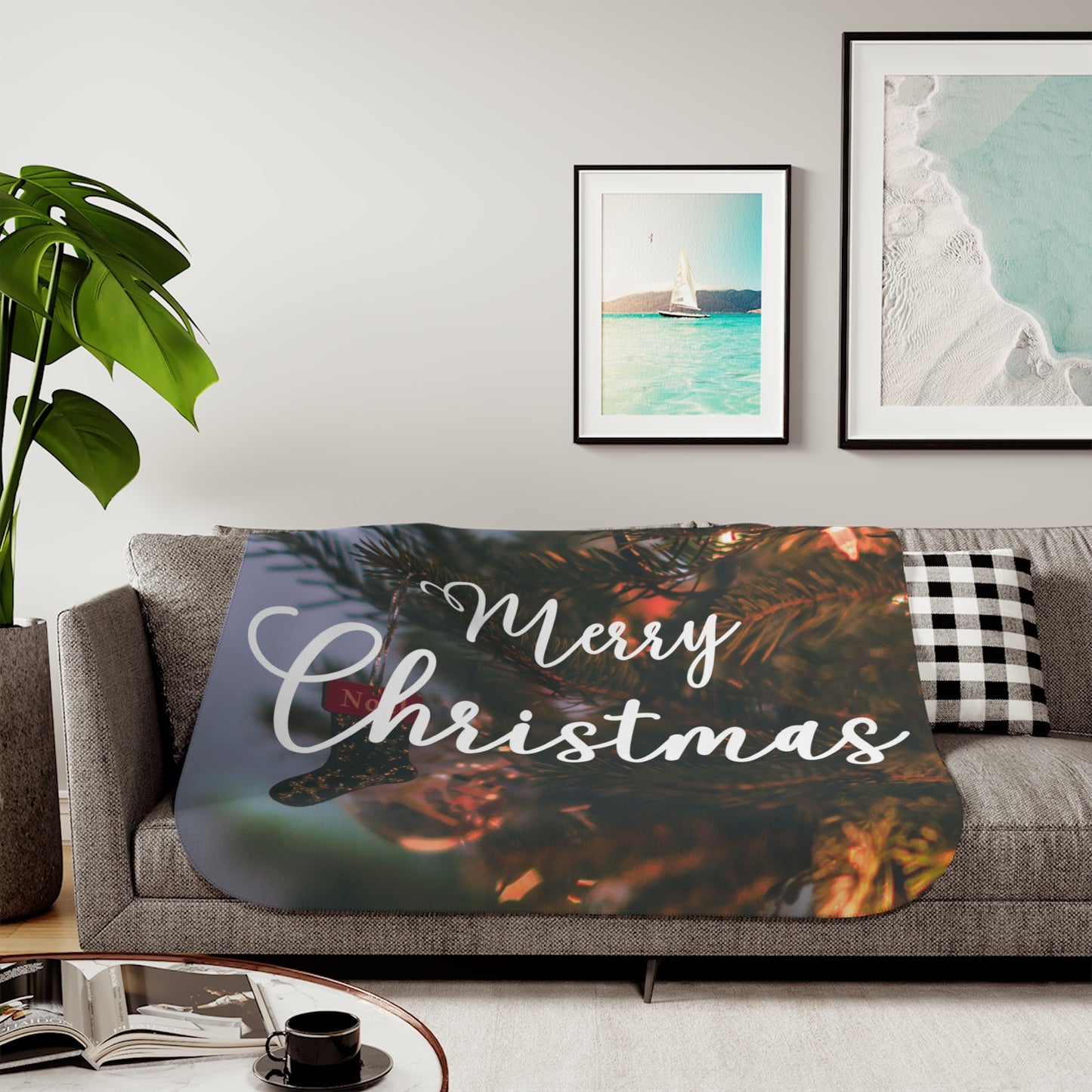 Merry Christams with Ornaments Printed Sherpa Blanket
