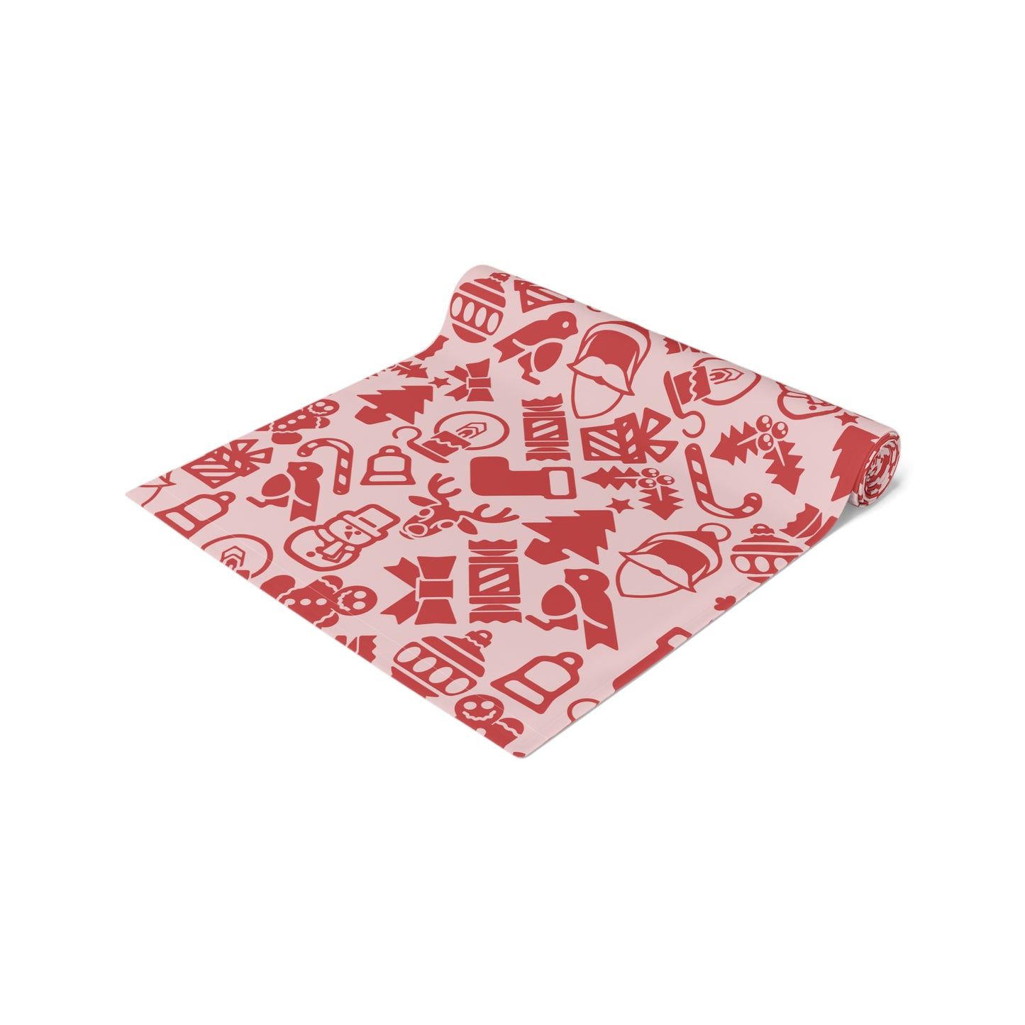Christmas Table Runner, Red Holiday Icons Pattern, Trees Snowmen Ornaments Candy Canes and Presents, Light Background Festive Decor