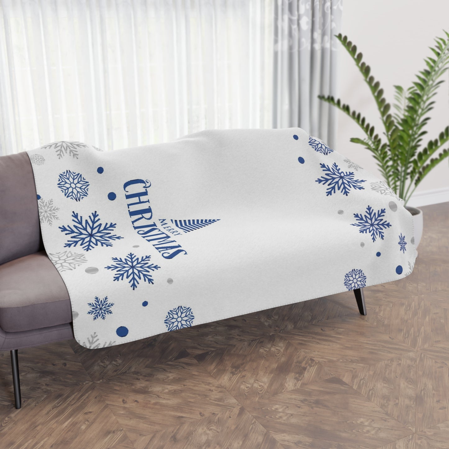 Merry Christmas Tan Sherpa Blanket, White