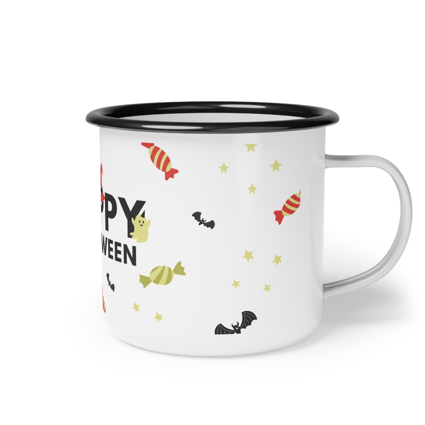 Happy Halloween Enamel Camp Cup – Playful Witch, Ghosts, and Candy Design