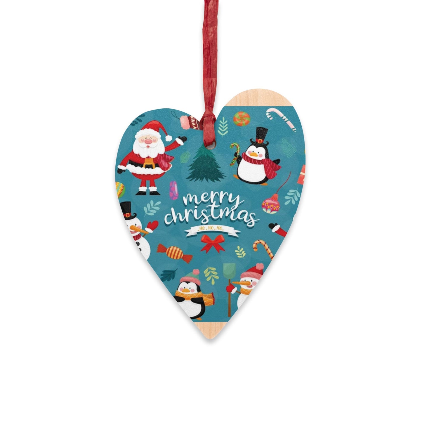 Wooden Ornament – Blue Christmas Stocking with Santa, Snowman & Penguin – Magnetic Holiday Decor with Ribbon
