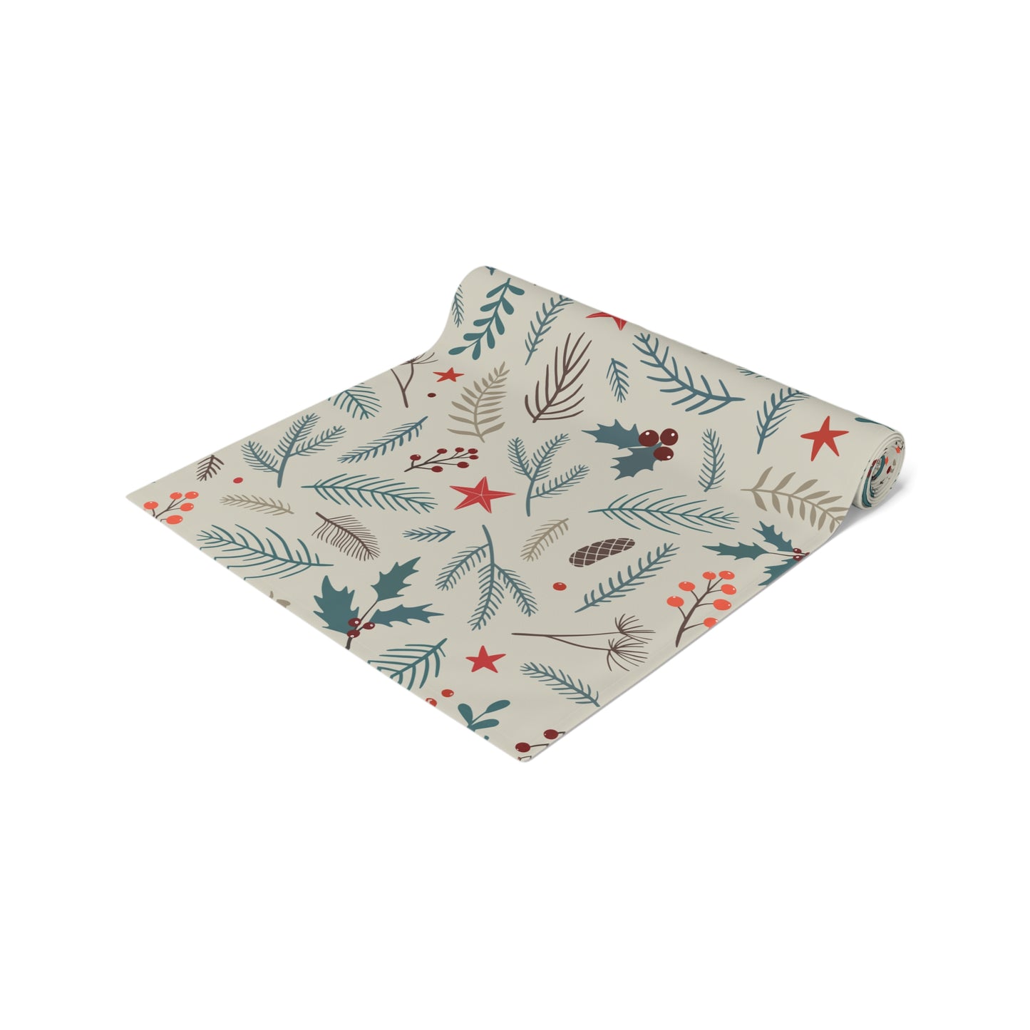 Christmas Table Runner, Pinecones and Leaves Pattern, Red Stars and Berries Design, Beige Background Holiday Dining Decor