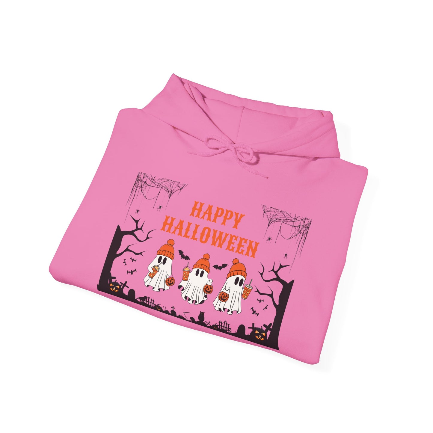 Happy Halloween” Ghost Hoodie – Pumpkin Parade in Haunted Forest