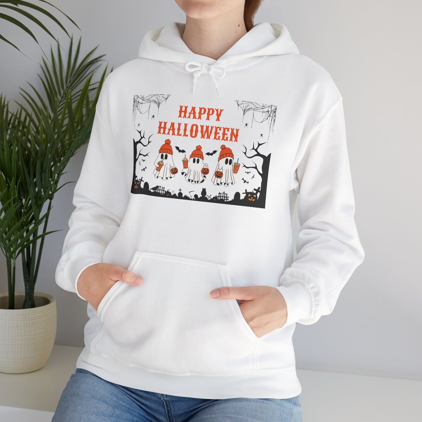 Happy Halloween” Ghost Hoodie – Pumpkin Parade in Haunted Forest
