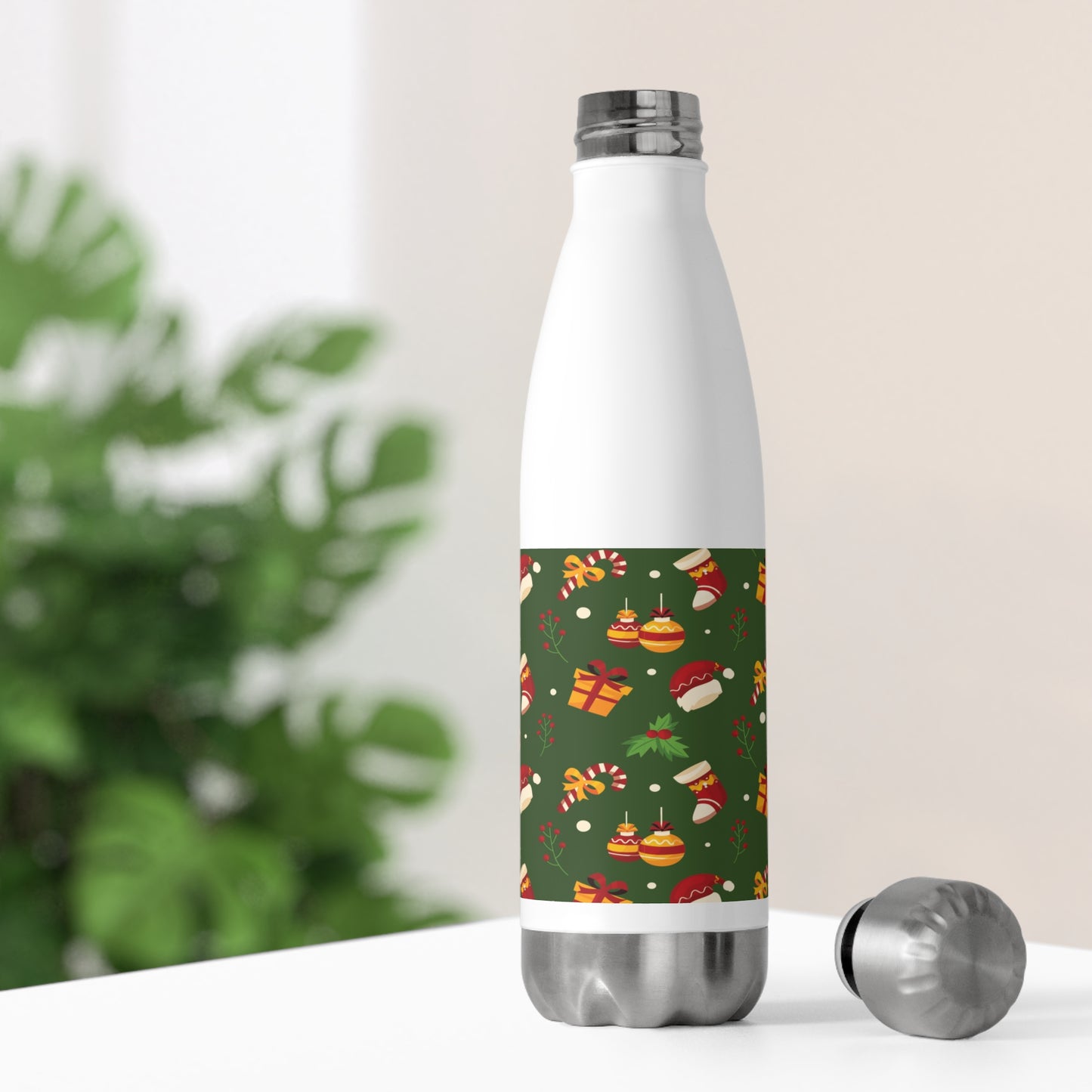 Insulated Stainless Steel Water Bottle – Green Christmas Design with Candy Canes & Holly – Eco-Friendly Holiday Gift