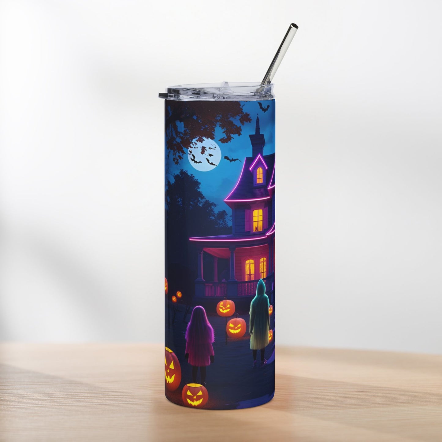 Neon Haunted House Halloween Tumbler – Glowing Windows & Pumpkin Parade