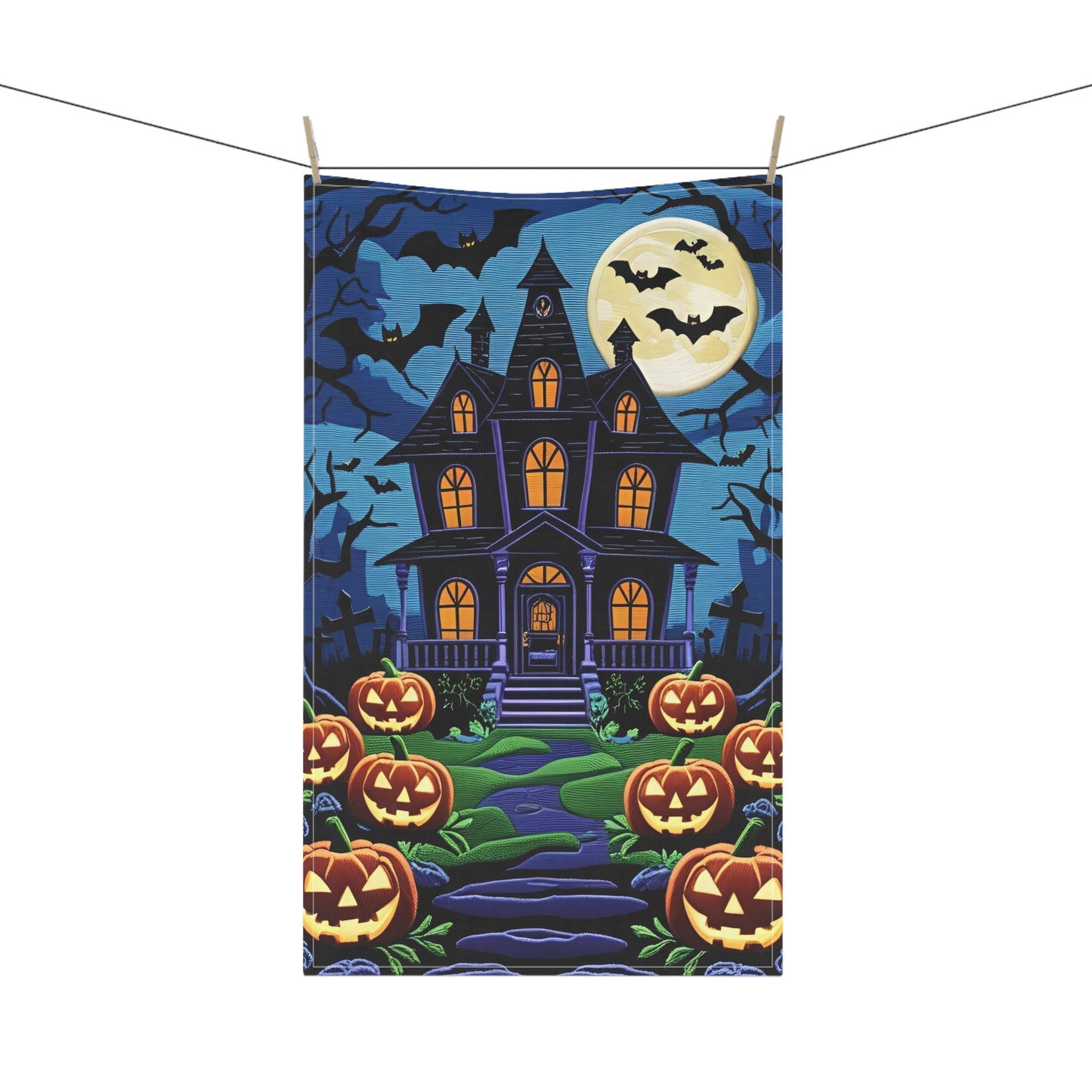Victorian Haunted House Halloween Tea Towel – Spooky Pumpkins and Bats Design
