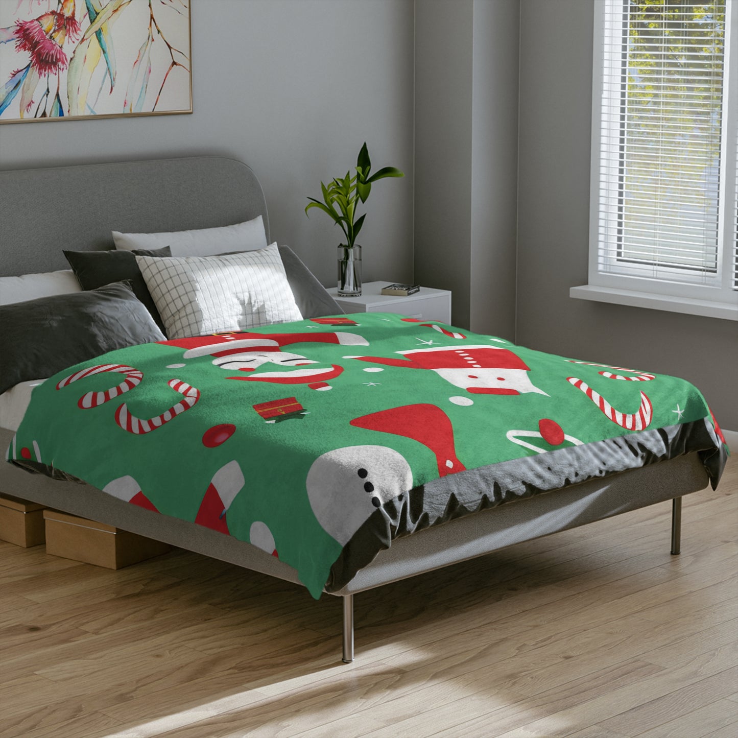 Christmas Fleece Blanket with Santa, Snowmen & Candy Cane Print